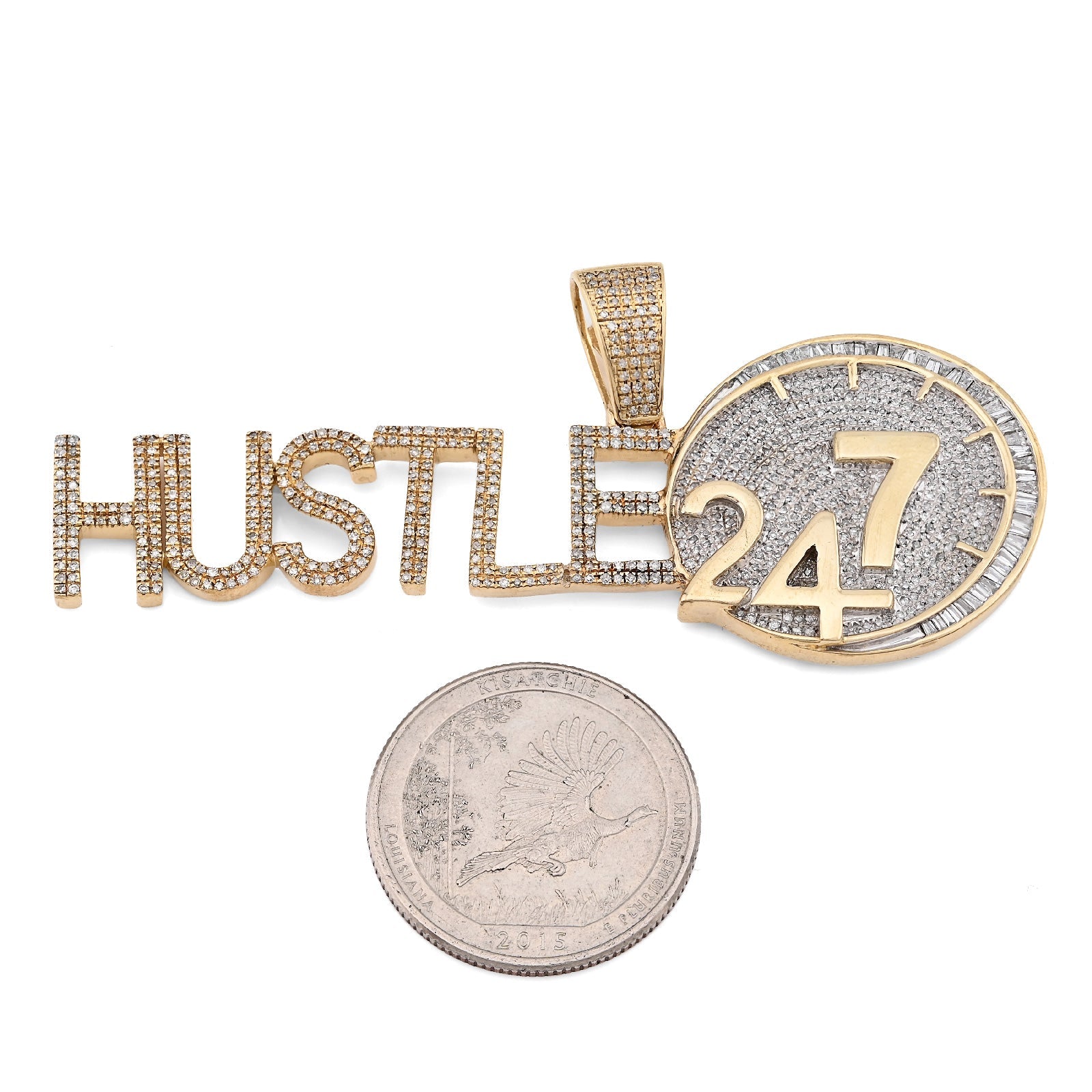 10K Yellow Gold 2TC Natural Baguette Diamond "HUSTLE 24/7" Custom Charm Men Pendant - Elite Jewelers - Charms & Pendants
