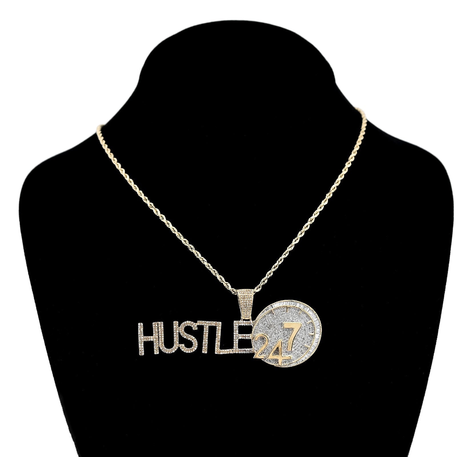 10K Yellow Gold 2TC Natural Baguette Diamond "HUSTLE 24/7" Custom Charm Men Pendant - Elite Jewelers - Charms & Pendants