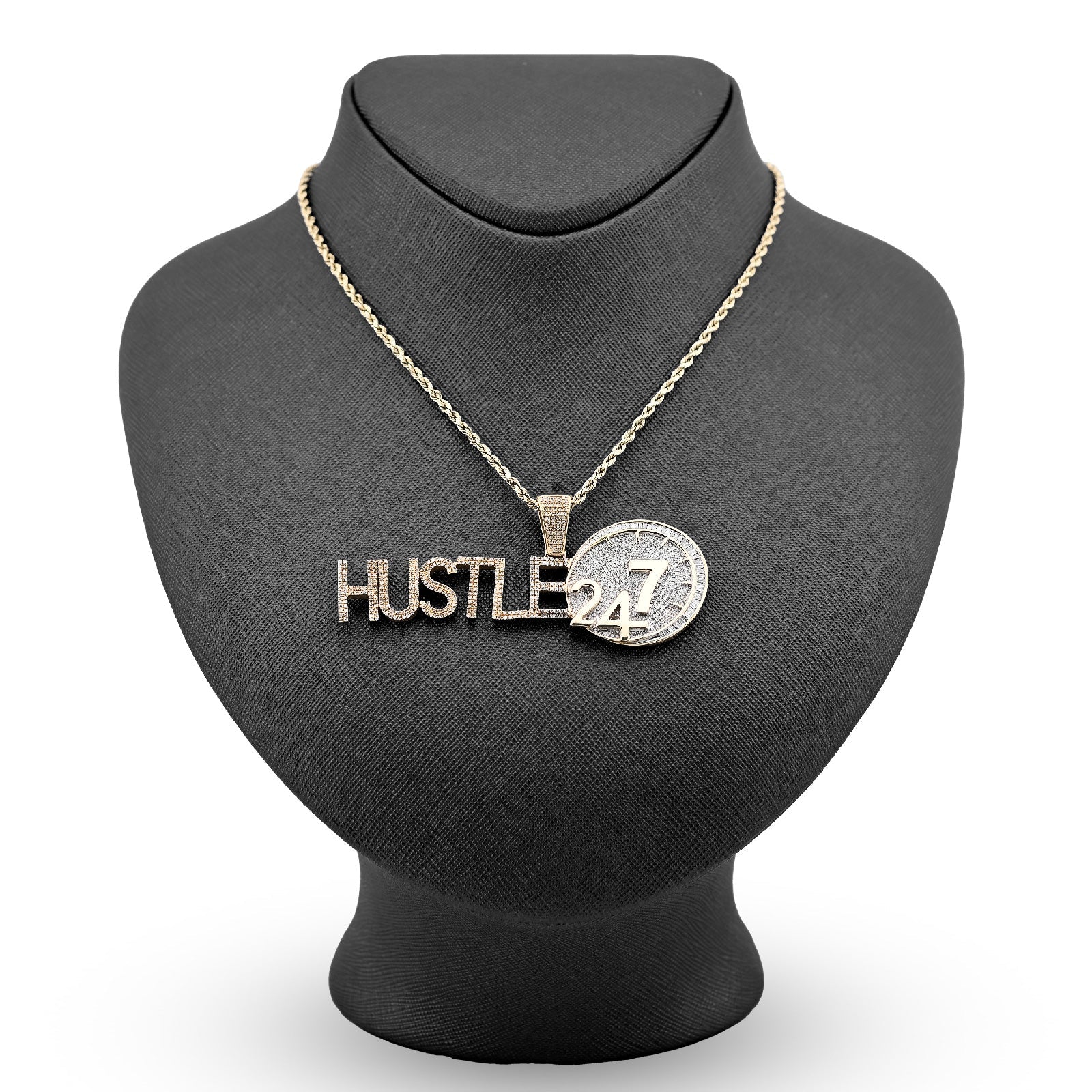 10K Yellow Gold 2TC Natural Baguette Diamond "HUSTLE 24/7" Custom Charm Men Pendant - Elite Jewelers - Charms & Pendants