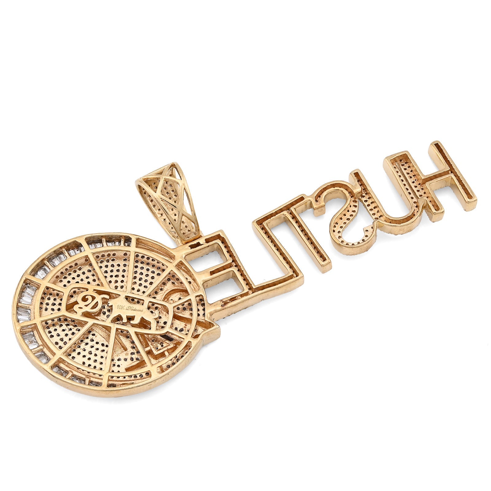 10K Yellow Gold 2TC Natural Baguette Diamond "HUSTLE 24/7" Custom Charm Men Pendant - Elite Jewelers - Charms & Pendants