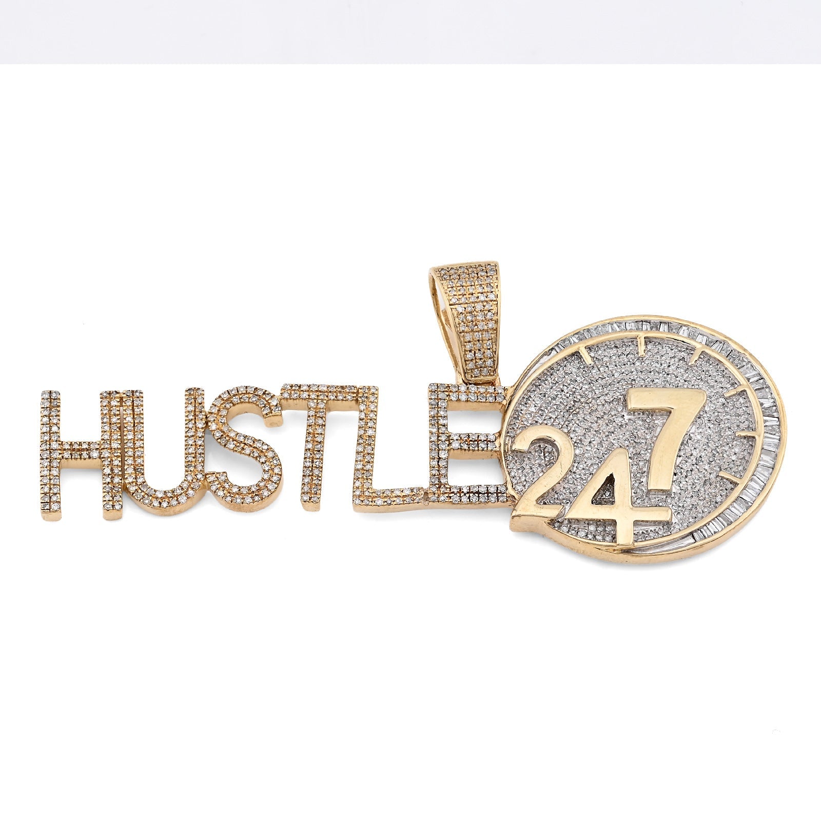 10K Yellow Gold 2TC Natural Baguette Diamond "HUSTLE 24/7" Custom Charm Men Pendant - Elite Jewelers - Charms & Pendants