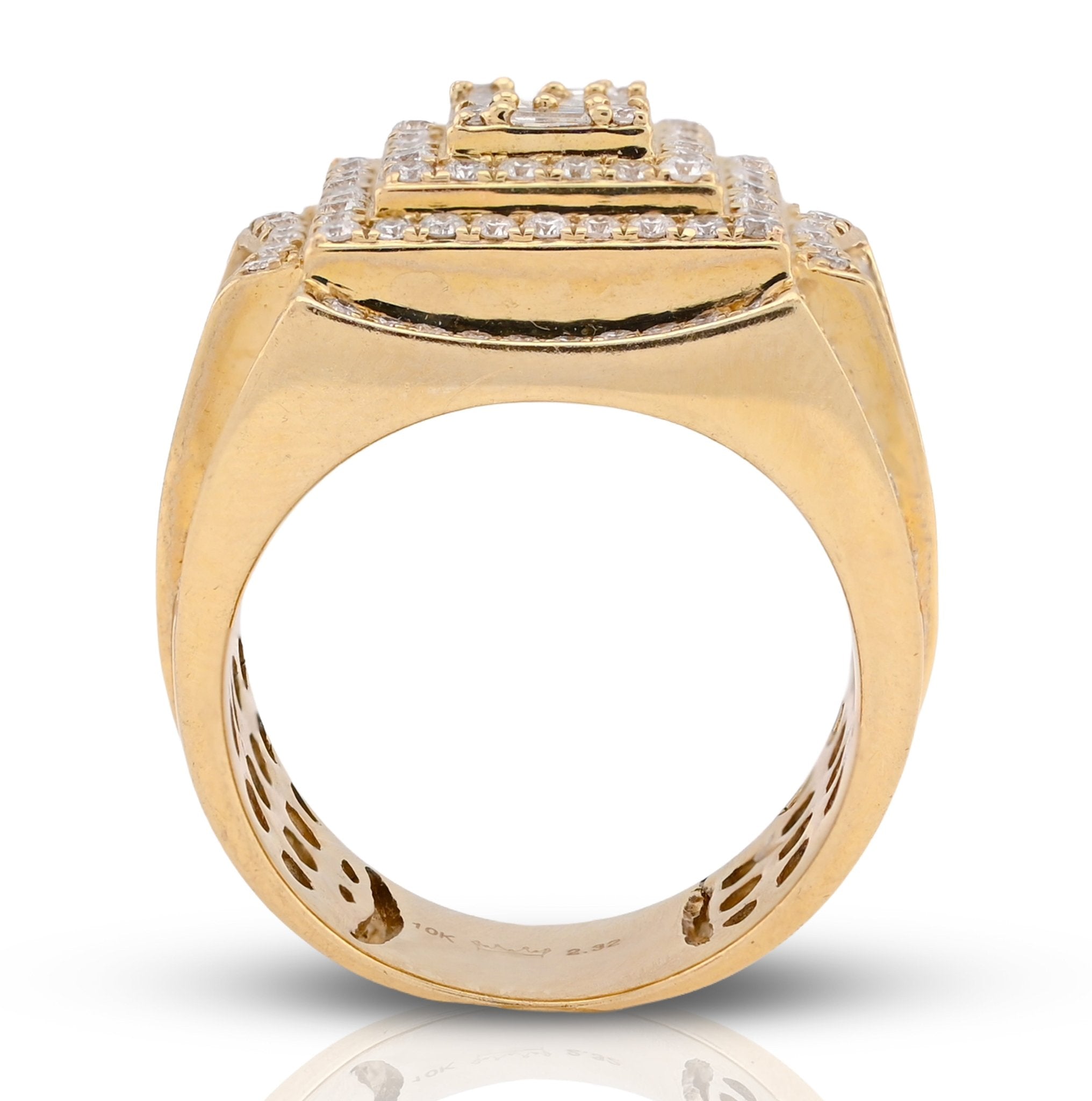 10K Yellow Gold 3 Level Rectangle Baguette Centre 2.32CT Natural Diamond Men Pinky Ring - Elite Jewelers - Rings