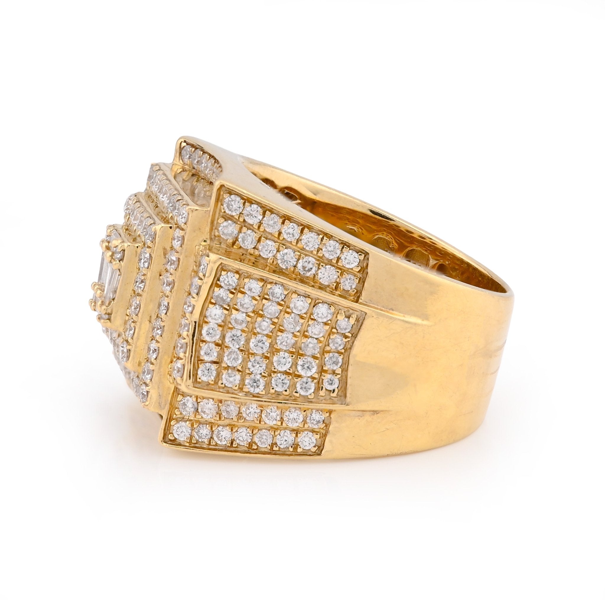 10K Yellow Gold 3 Level Rectangle Baguette Centre 2.32CT Natural Diamond Men Pinky Ring - Elite Jewelers - Rings
