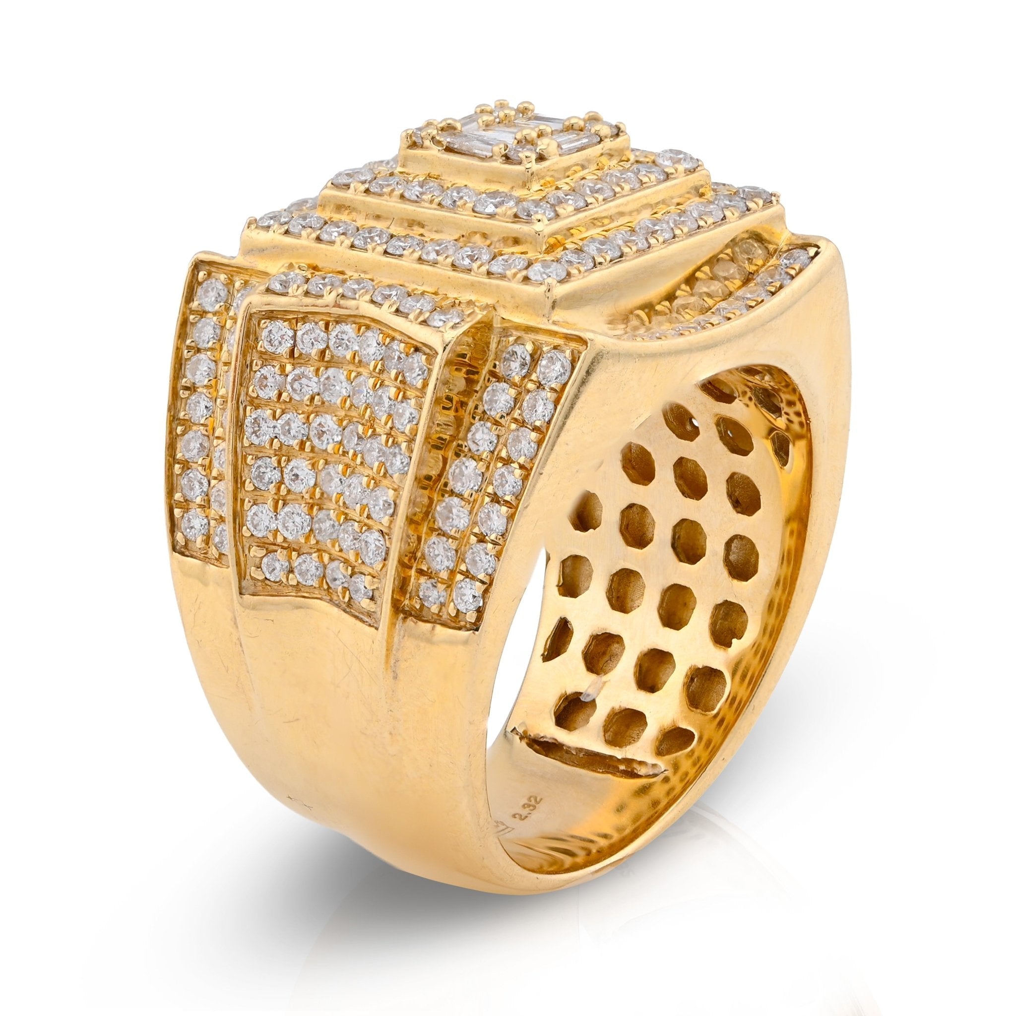 10K Yellow Gold 3 Level Rectangle Baguette Centre 2.32CT Natural Diamond Men Pinky Ring - Elite Jewelers - Rings