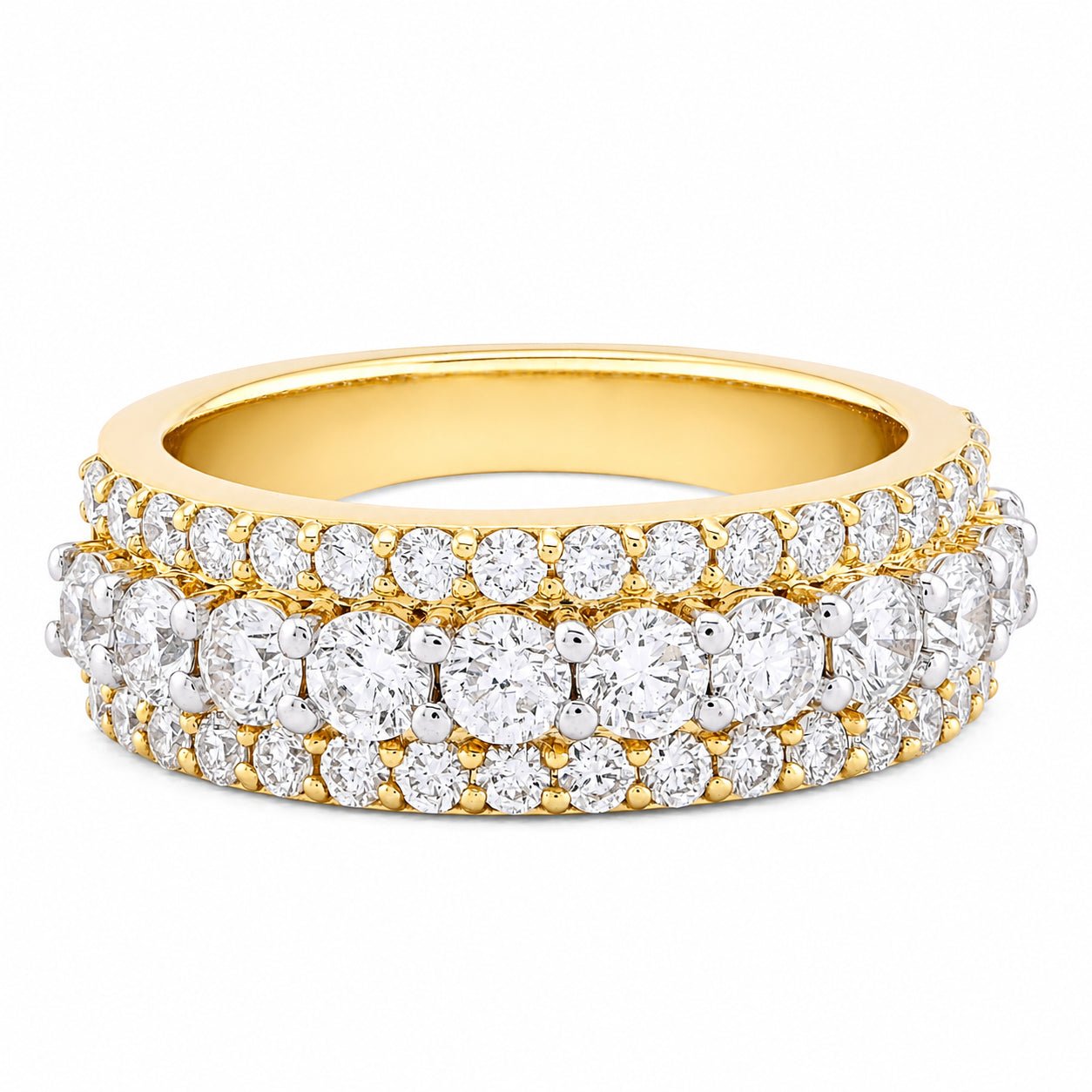 10K Yellow Gold 3 Row 2.61CT Lab Diamond Men Ring Band - Elite Jewelers - Rings