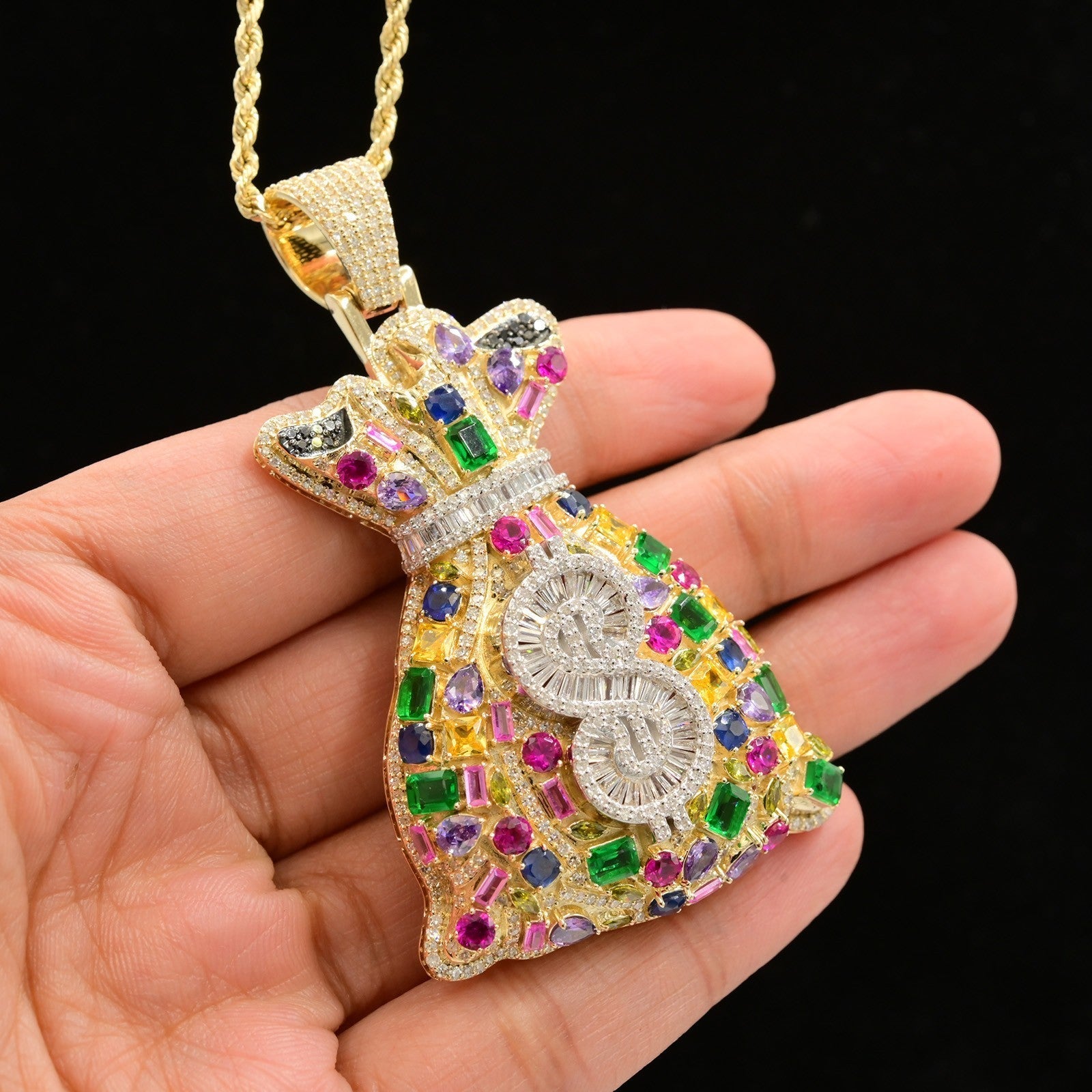 10k Yellow Gold 3.1CTW Round/Baguette Diamond Gems Stone Money Bag Charm 24.6gms - Elite Jewelers - Charms & Pendants