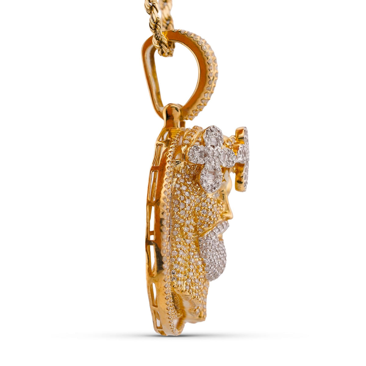 10K Yellow Gold 3.45CT Round/Baguette Natural Diamond Round SHape Jesus Head Cross Crown Pendant - Elite Jewelers-Charms & Pendants