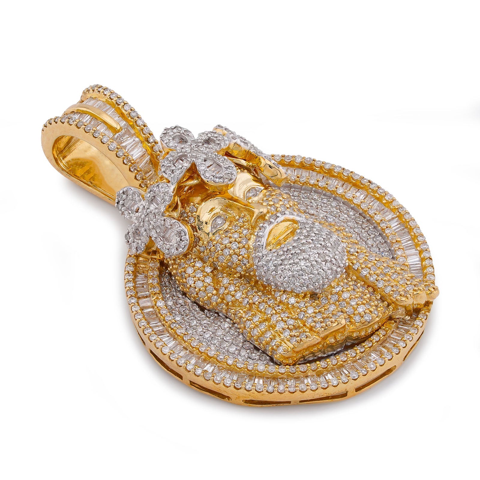10K Yellow Gold 3.45CT Round/Baguette Natural Diamond Round SHape Jesus Head Cross Crown Pendant - Elite Jewelers-Charms & Pendants