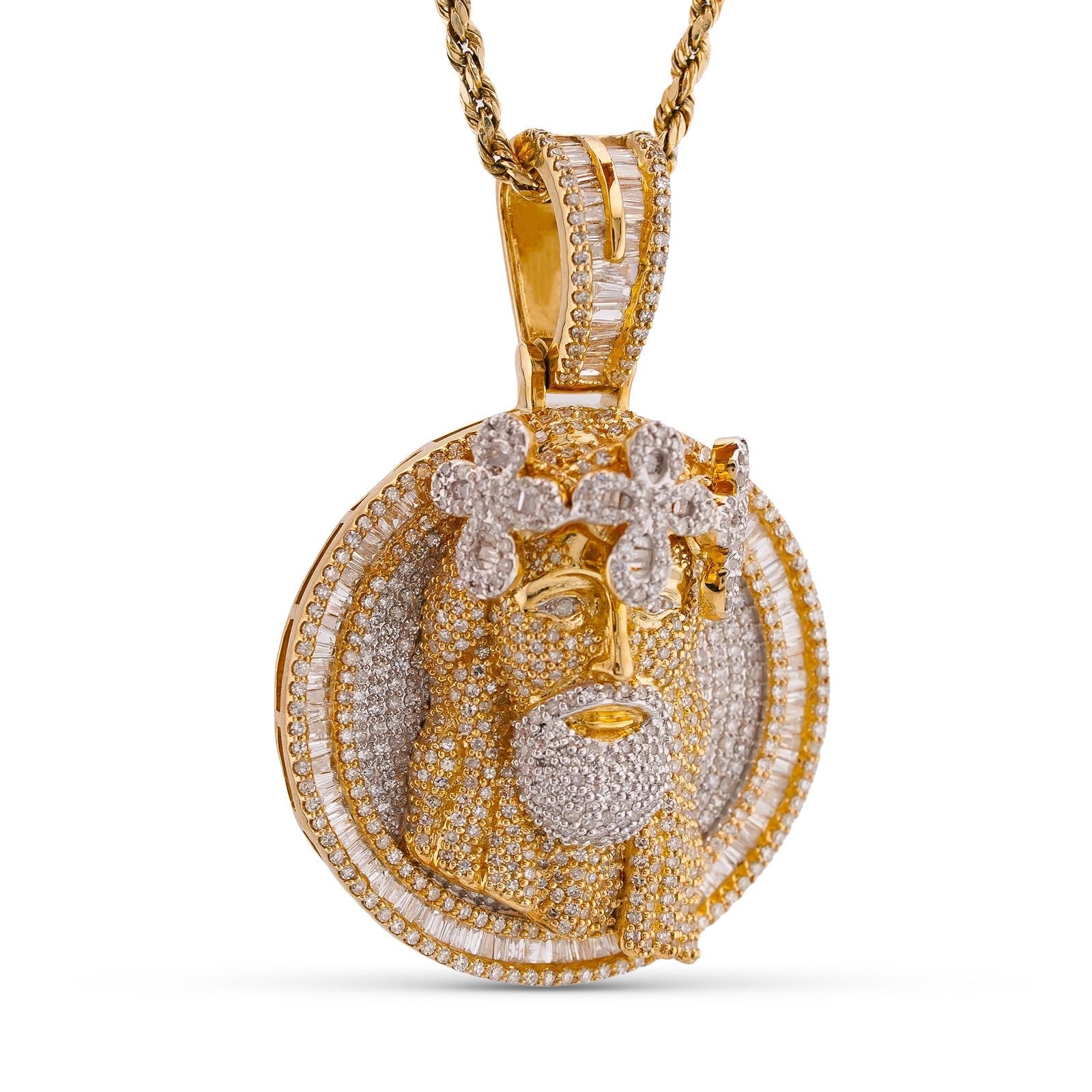 10K Yellow Gold 3.45CT Round/Baguette Natural Diamond Round SHape Jesus Head Cross Crown Pendant - Elite Jewelers-Charms & Pendants