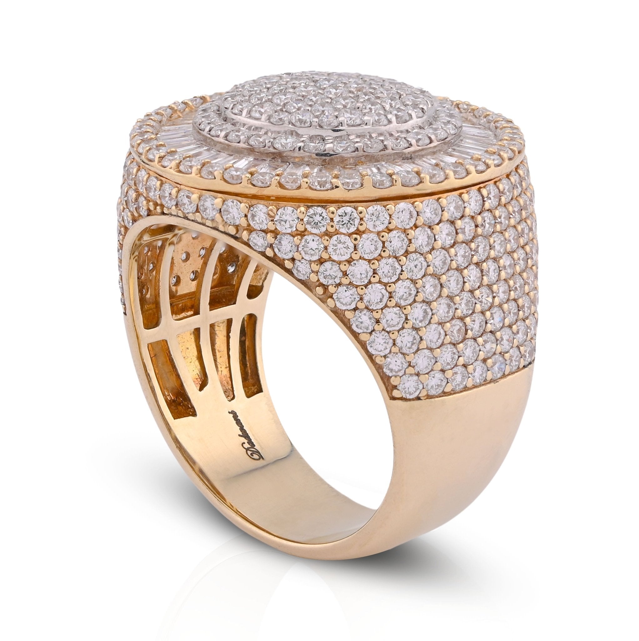 10K Yellow Gold 3.5CT Round Cluster Baguette Halo Side Iced Lab Diamond Big Men Pinky Ring - Elite Jewelers - Rings