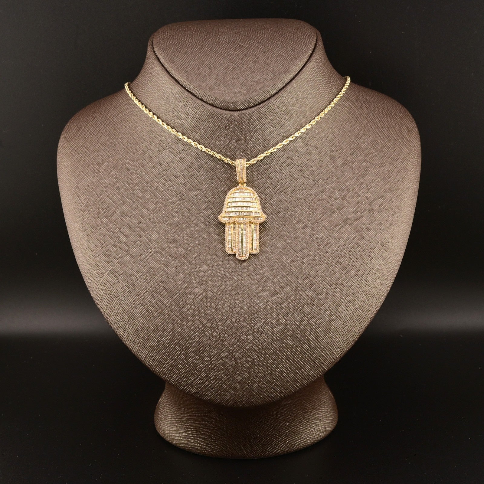 10k Yellow Gold 3.5CTW Natural Round/Baguette Diamond ICY Hamsa Pendant 8g Charm - Elite Jewelers - Charms & Pendants