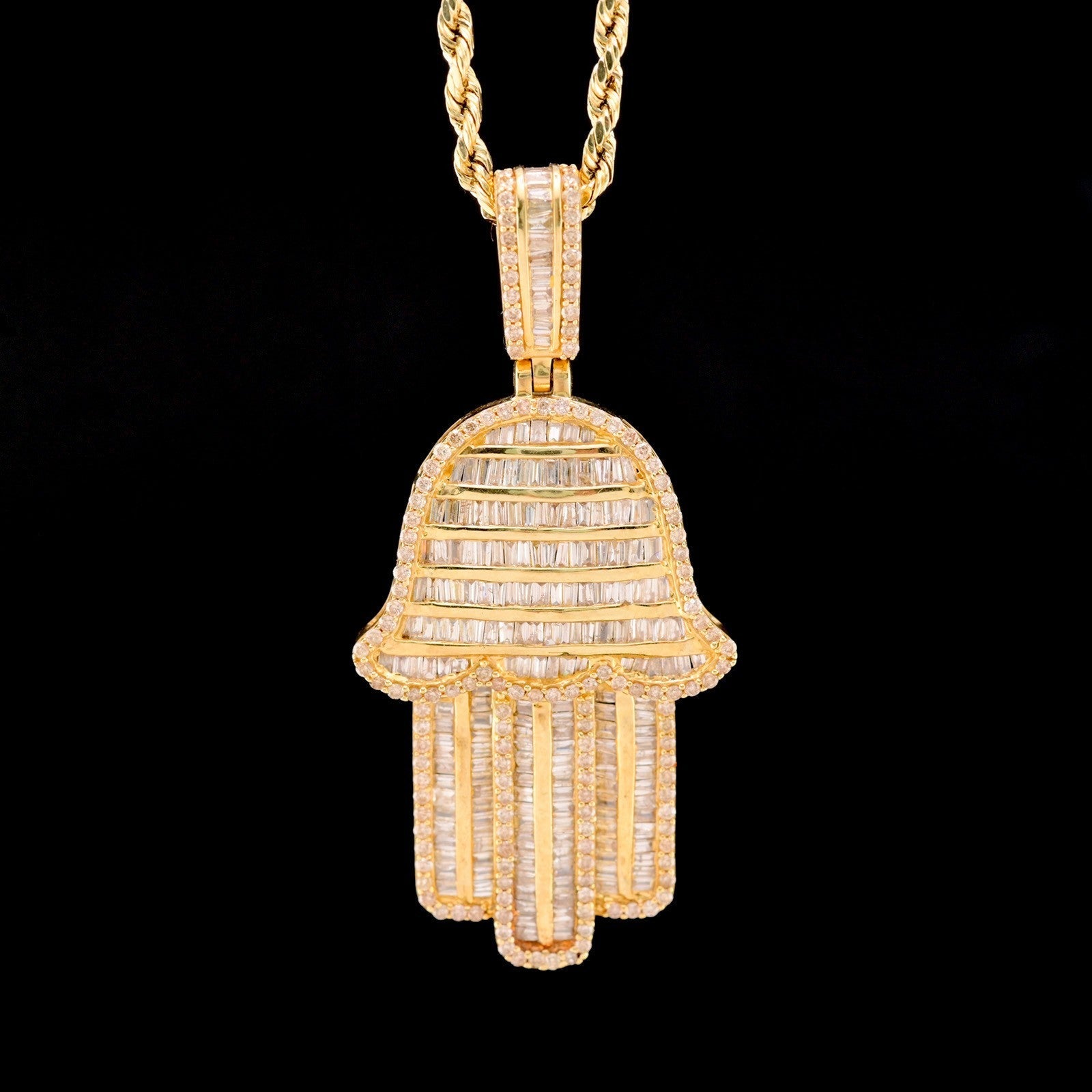 10k Yellow Gold 3.5CTW Natural Round/Baguette Diamond ICY Hamsa Pendant 8g Charm - Elite Jewelers - Charms & Pendants