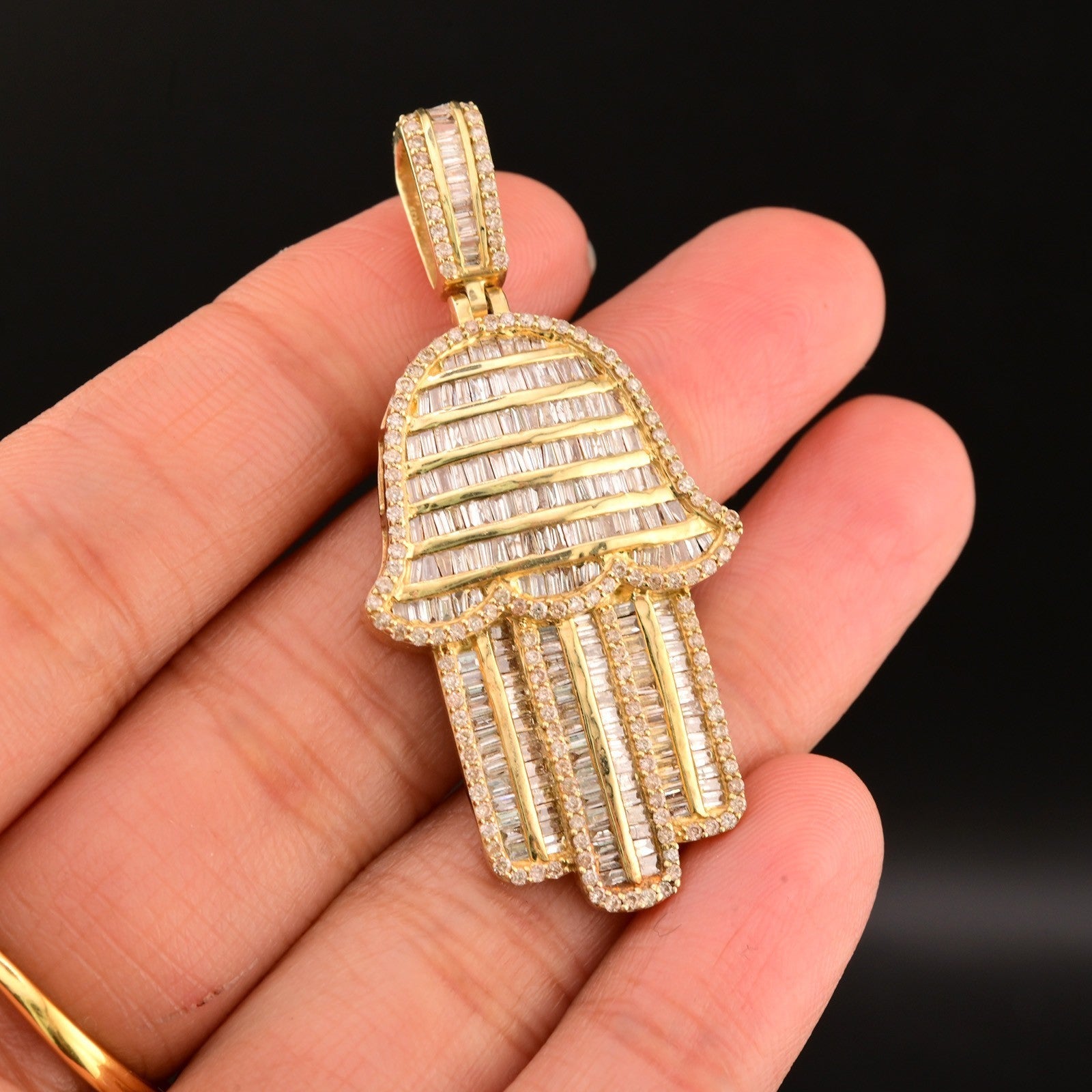 10k Yellow Gold 3.5CTW Natural Round/Baguette Diamond ICY Hamsa Pendant 8g Charm - Elite Jewelers - Charms & Pendants