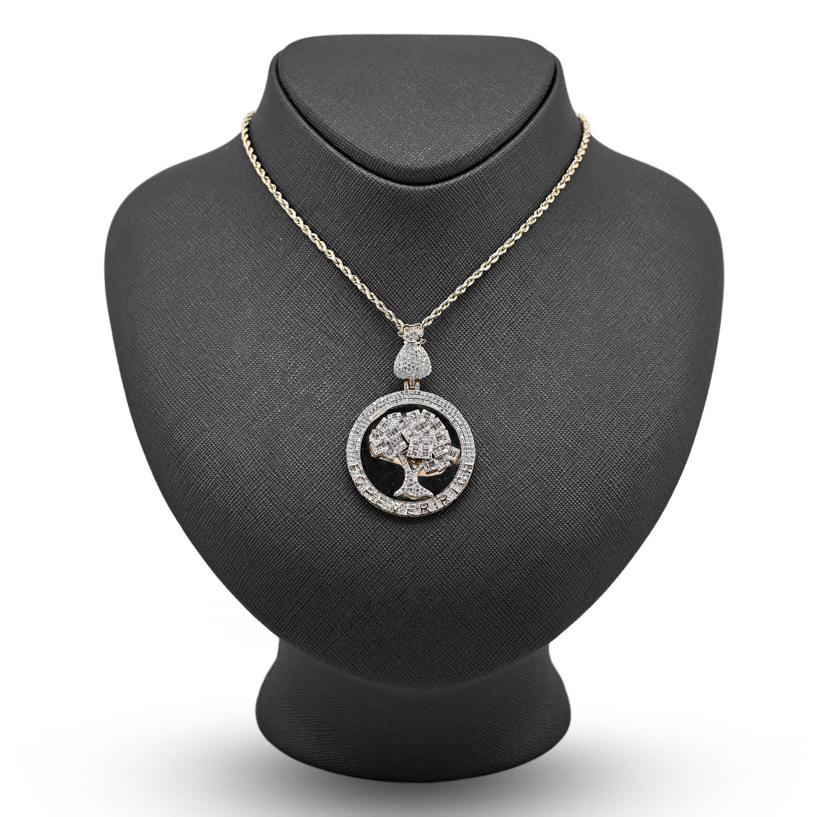 10k Yellow Gold 3.5CTW Round/Baguette Diamond "Forever Rich" Tree Pendant 15.4gm - Elite Jewelers - Charms & Pendants