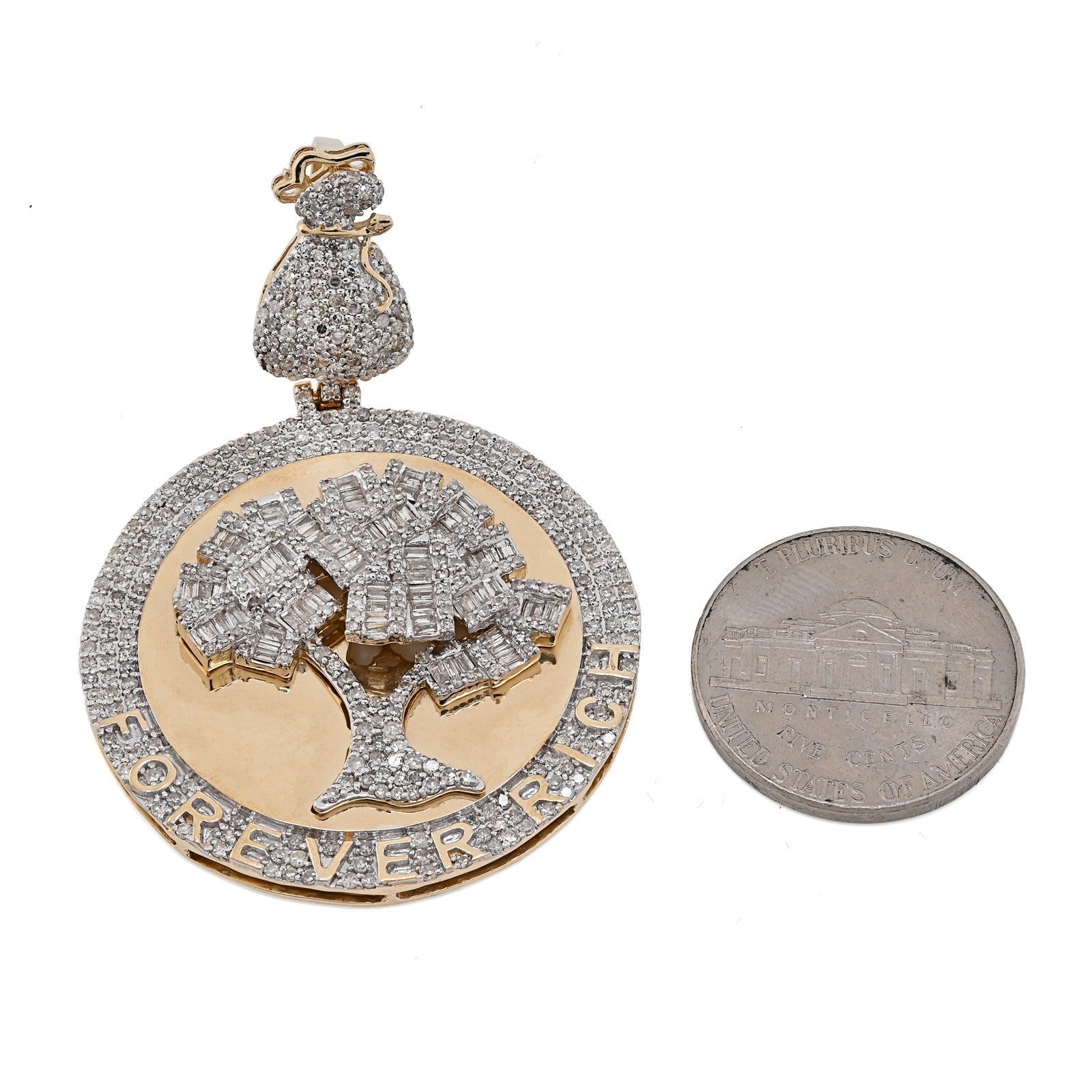 10k Yellow Gold 3.5CTW Round/Baguette Diamond "Forever Rich" Tree Pendant 15.4gm - Elite Jewelers - Charms & Pendants