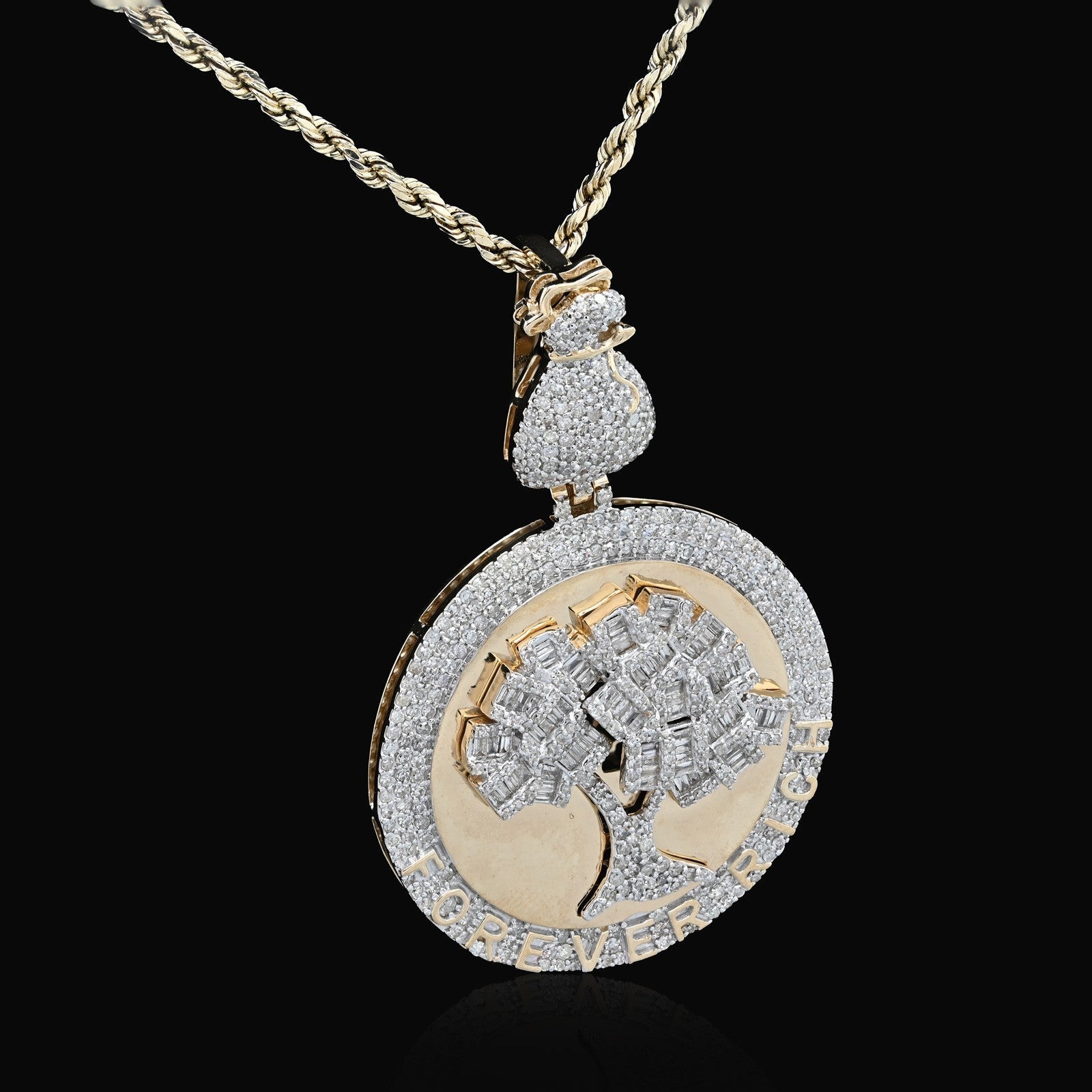 10k Yellow Gold 3.5CTW Round/Baguette Diamond "Forever Rich" Tree Pendant 15.4gm - Elite Jewelers - Charms & Pendants
