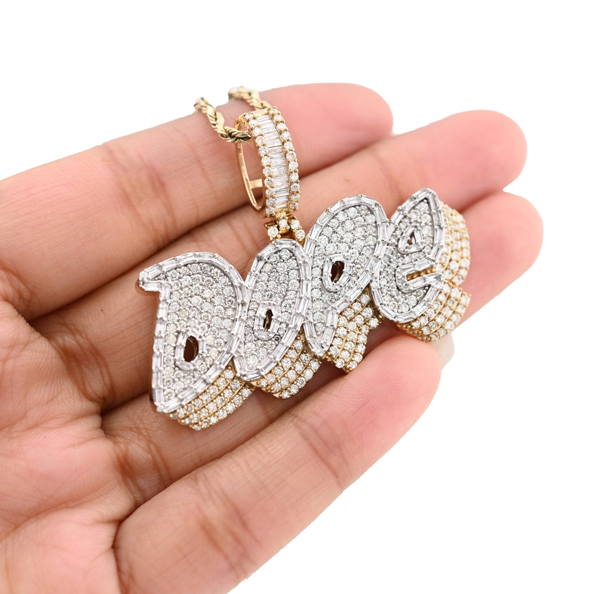 10K Yellow Gold 3.75CT "DOPE" Custom Natural Diamond Round/Baguette Pendant 1.9" Charm - Elite Jewelers - Charms & Pendants
