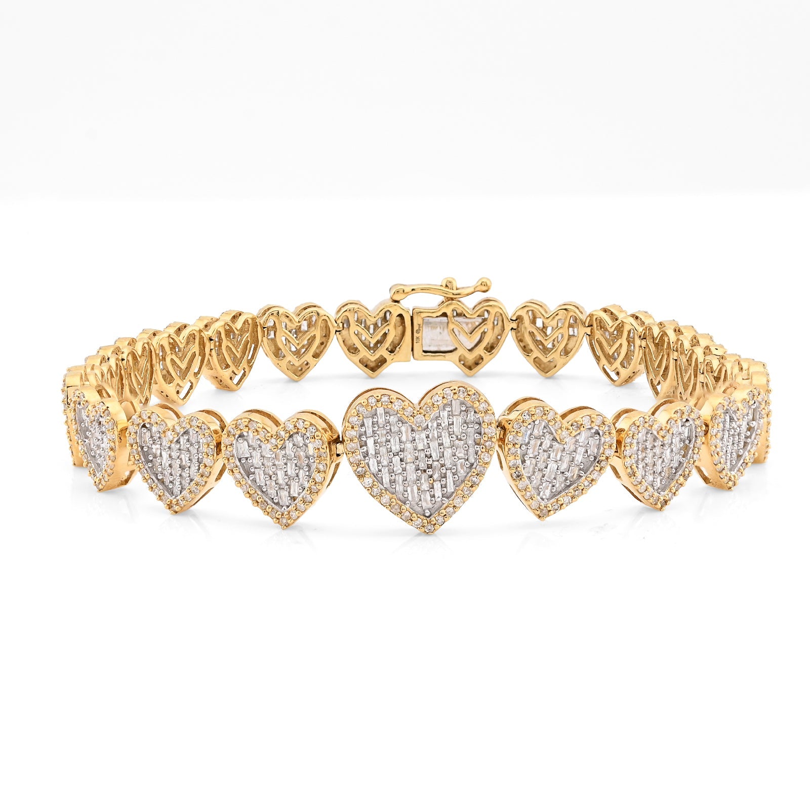 10K yellow Gold 3CT Natural Diamond Baguette/Round Heart Shape Women 7.5" 12MM Tennis Bracelet - Elite Jewelers - Bracelets