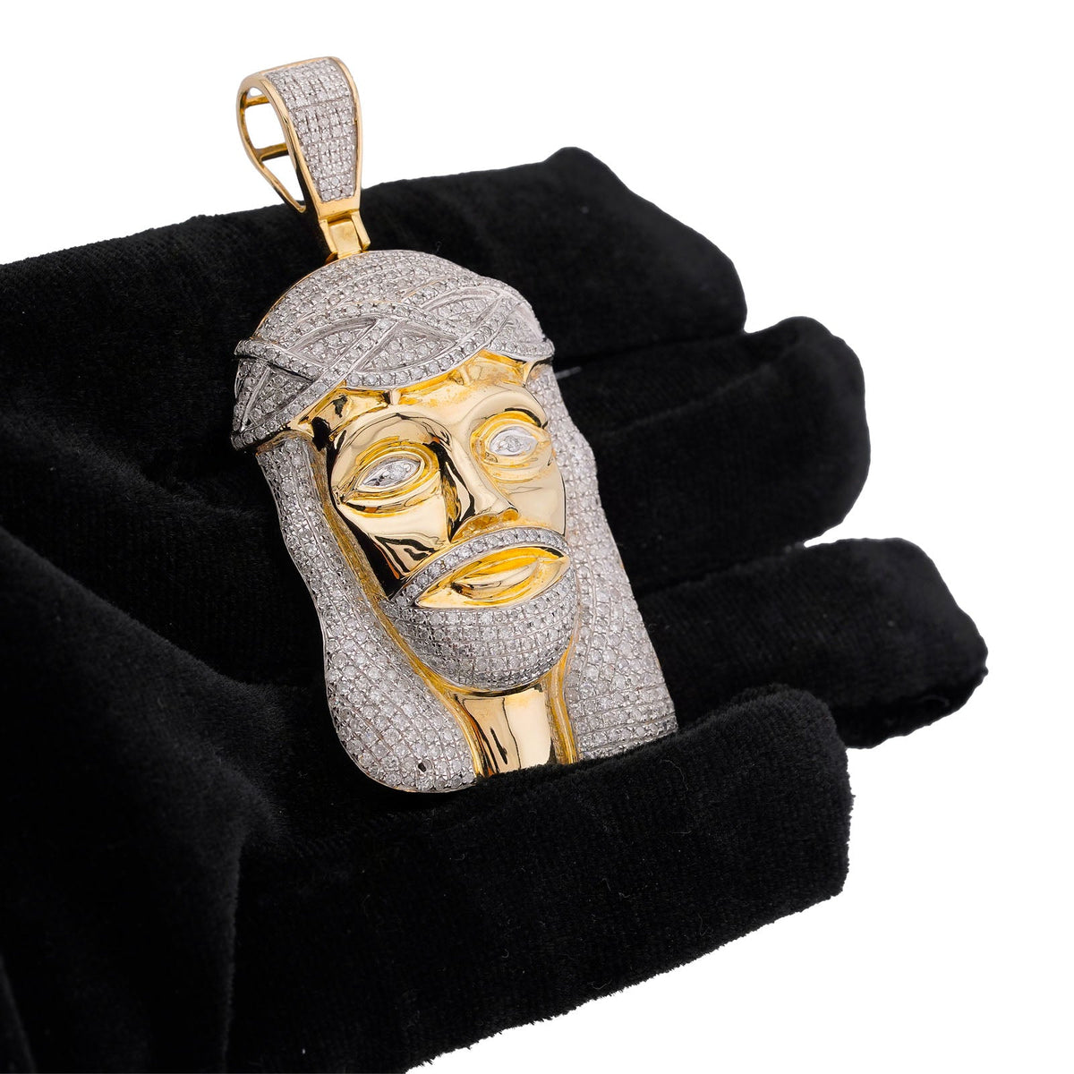 10K Yellow Gold 3CT Natural Diamond Jesus Head Pendant Men CHarm - Elite Jewelers-Charms & Pendants