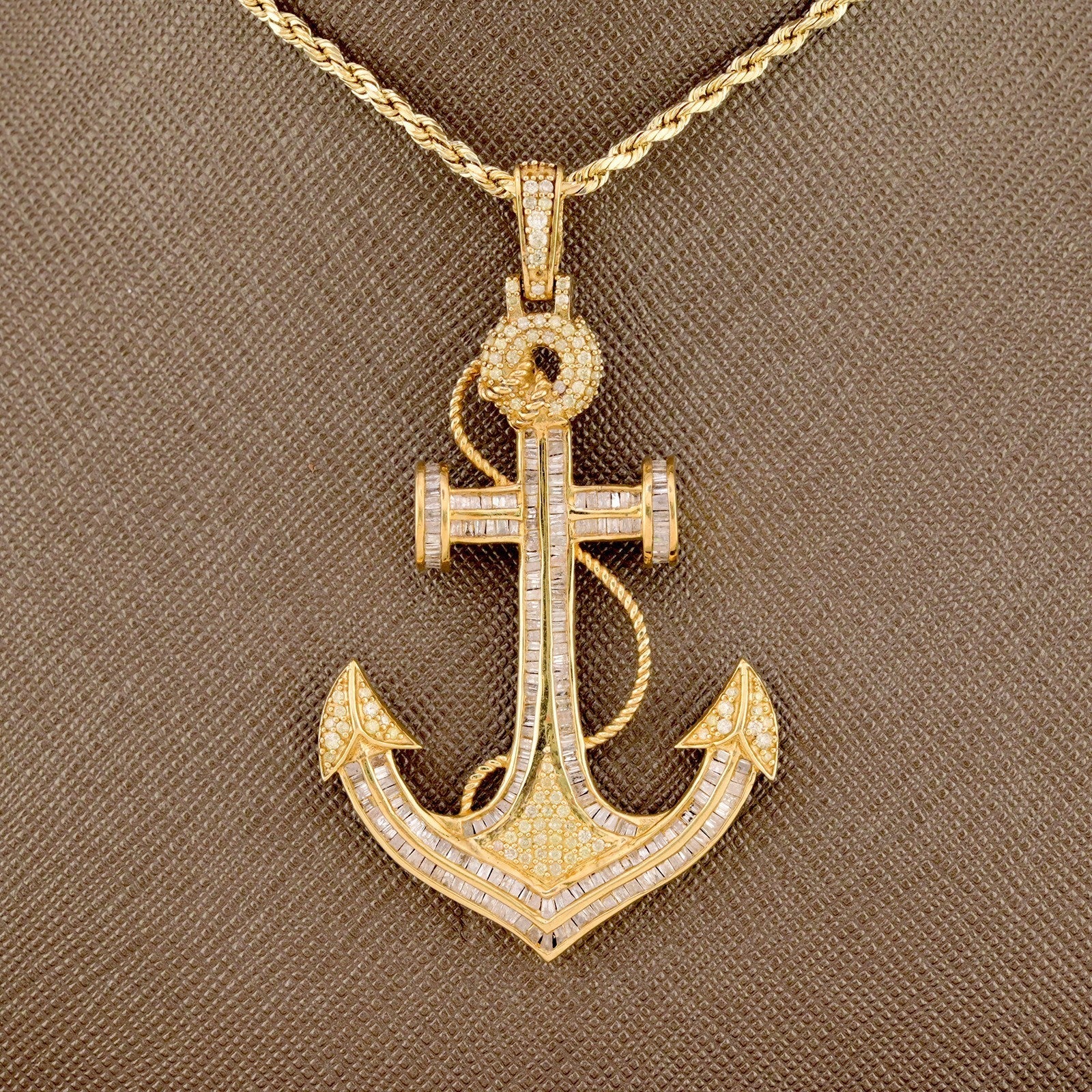 10k Yellow Gold 3CTW Natural Round/Baguette Diamond Anchor Charm Pendant 11gms - Elite Jewelers - Charms & Pendants