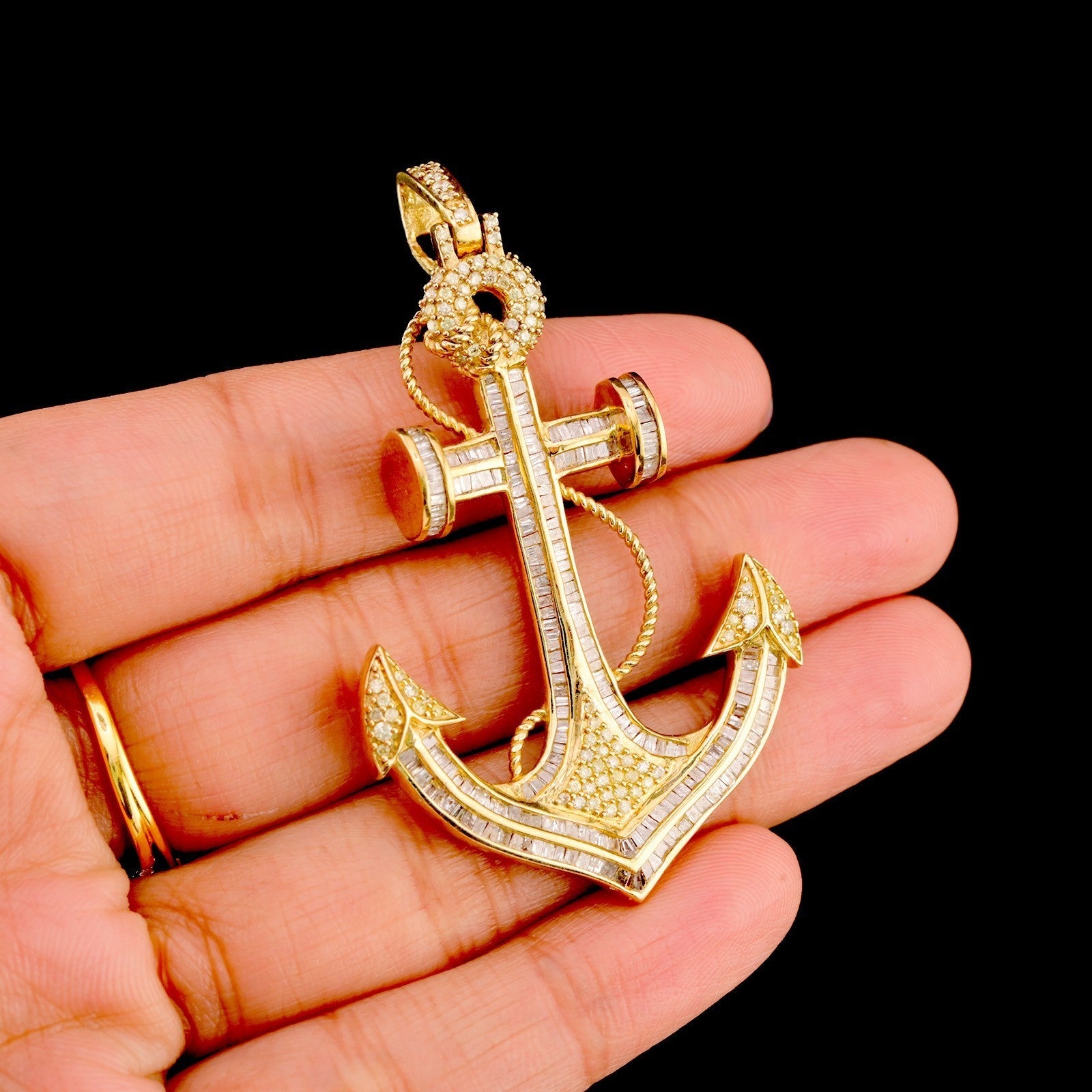 10k Yellow Gold 3CTW Natural Round/Baguette Diamond Anchor Charm Pendant 11gms - Elite Jewelers - Charms & Pendants