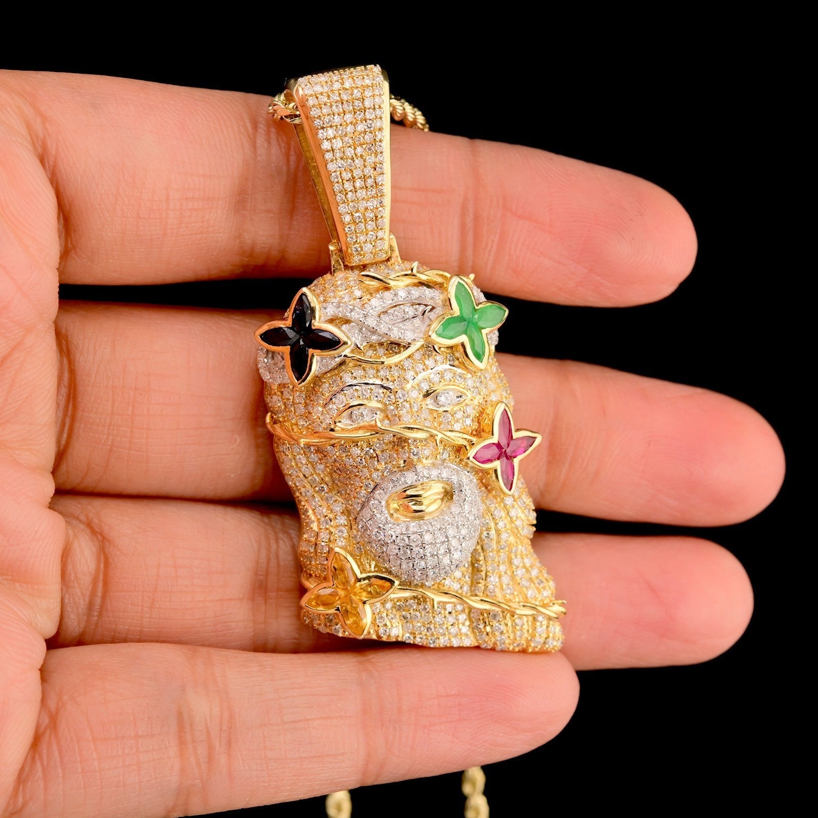 10k Yellow Gold 4.05CTW Diamond Jesus Head w/ Color Stones Pendant 15.3g Charm - Elite Jewelers - Charms & Pendants