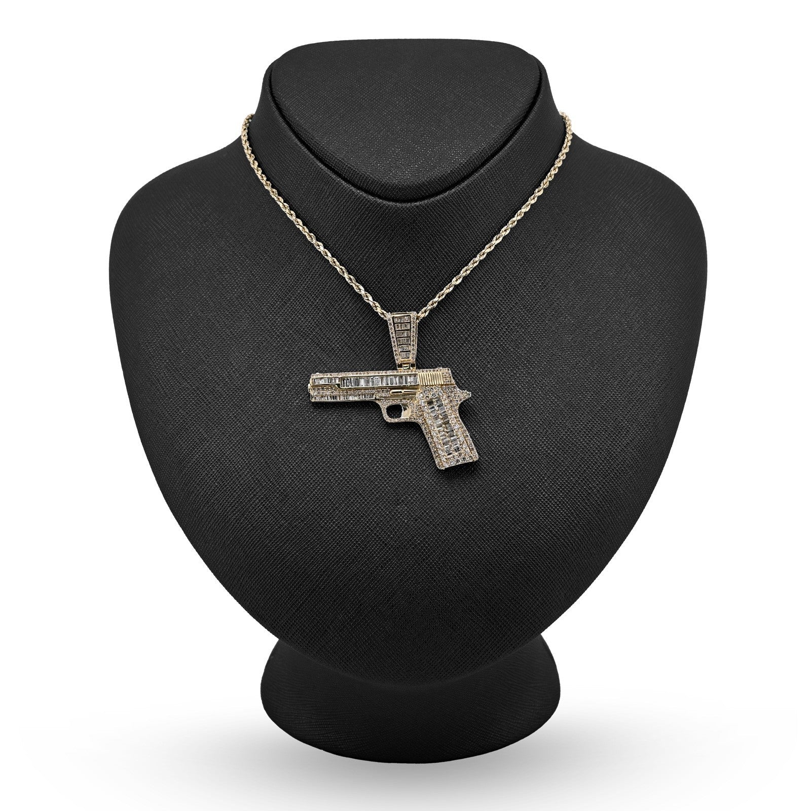 10k Yellow Gold 4.5CTW Natural Round/Baguette 12.3g Diamond Hand Gun Pendant - Elite Jewelers - Charms & Pendants