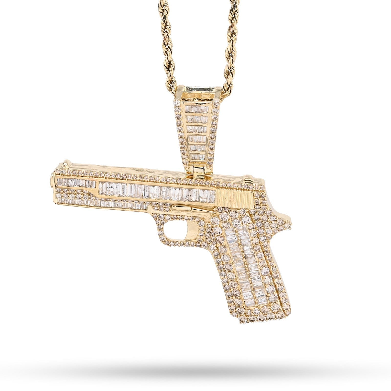 10k Yellow Gold 4.5CTW Natural Round/Baguette 12.3g Diamond Hand Gun Pendant - Elite Jewelers - Charms & Pendants