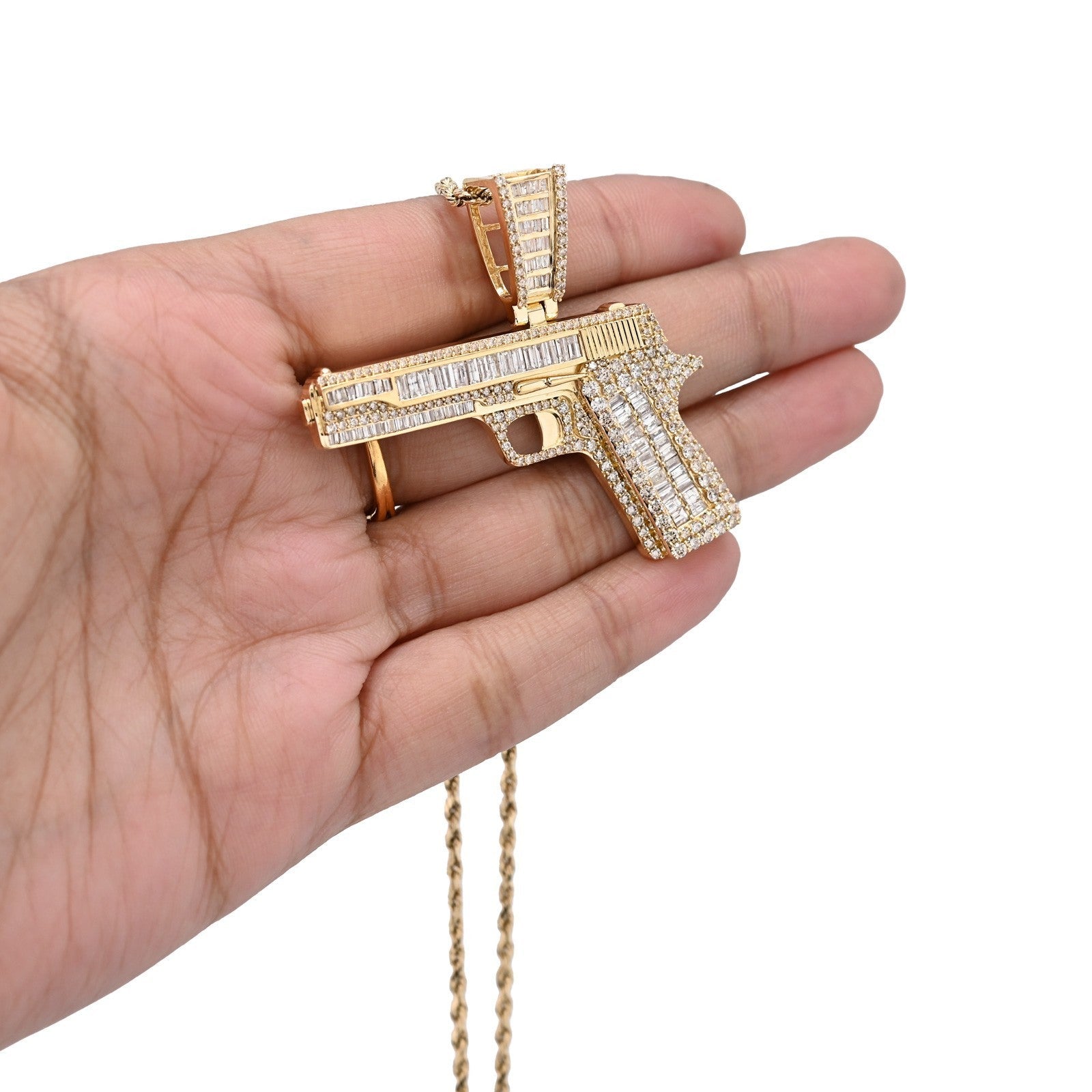 10k Yellow Gold 4.5CTW Natural Round/Baguette 12.3g Diamond Hand Gun Pendant - Elite Jewelers - Charms & Pendants