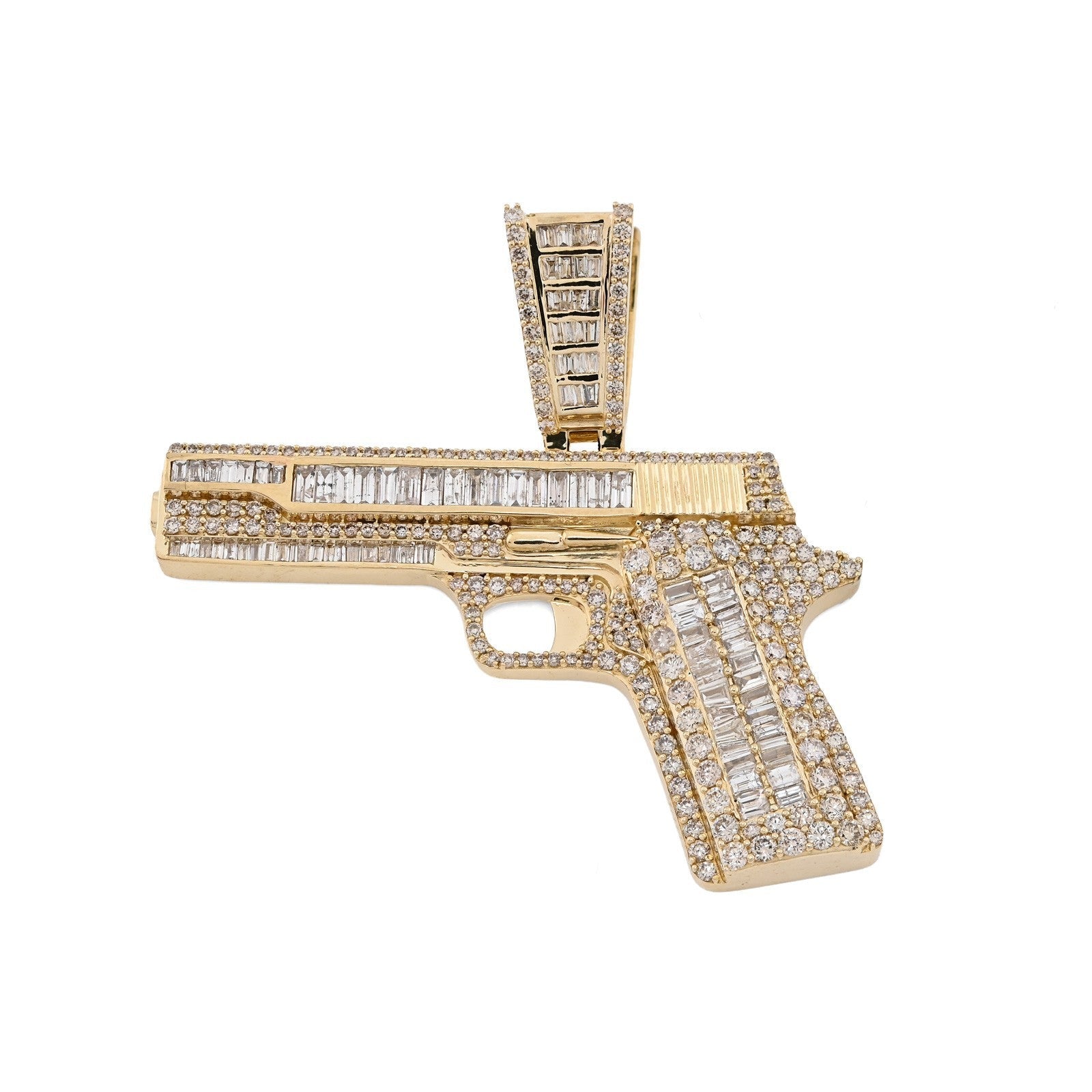 10k Yellow Gold 4.5CTW Natural Round/Baguette 12.3g Diamond Hand Gun Pendant - Elite Jewelers - Charms & Pendants