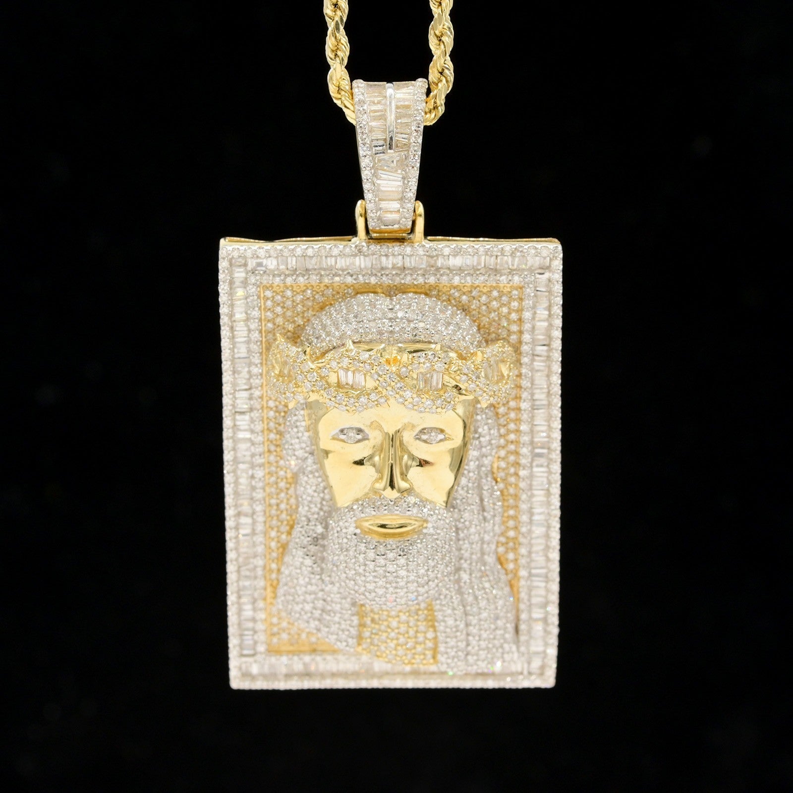 10k Yellow Gold 4.5CTW Round & Baguette Diamond Jesus Head on Frame Pendant 23gm - Elite Jewelers - Charms & Pendants