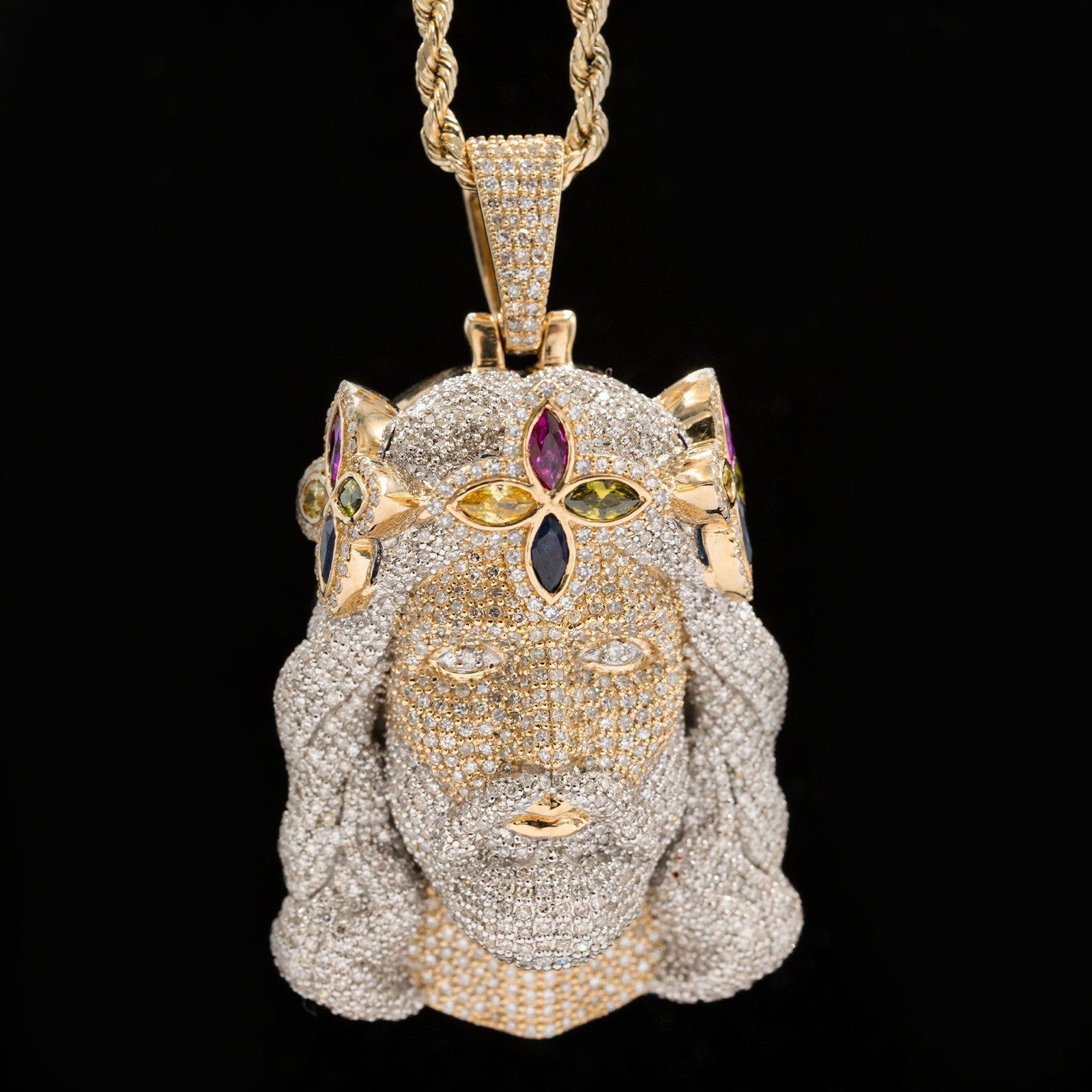 10k Yellow Gold 4.6CTW Pure Diamond Chrome Heart Jesus Head Pendant 21.7g Charm - Elite Jewelers - Charms & Pendants