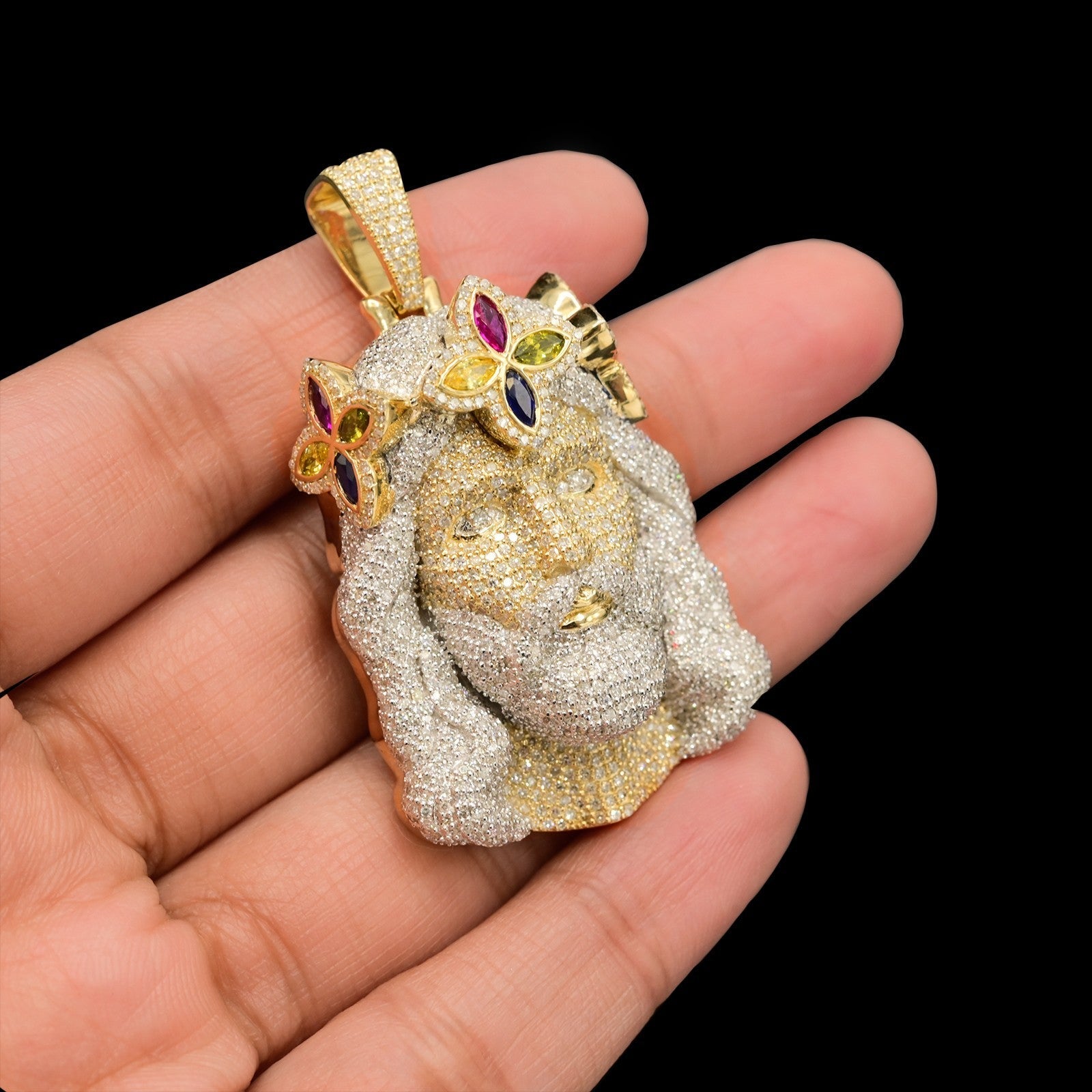 10k Yellow Gold 4.6CTW Pure Diamond Chrome Heart Jesus Head Pendant 21.7g Charm - Elite Jewelers - Charms & Pendants