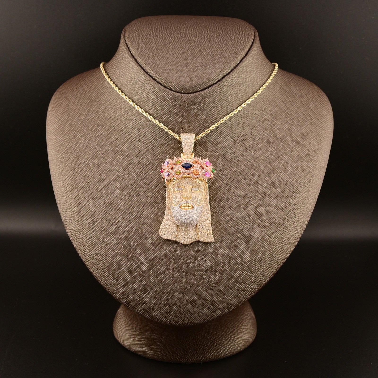 10k Yellow Gold 5.5CTW Pure Diamond Jesus Head w/ Gem Stones Pendant 33.4g Charm - Elite Jewelers - Charms & Pendants