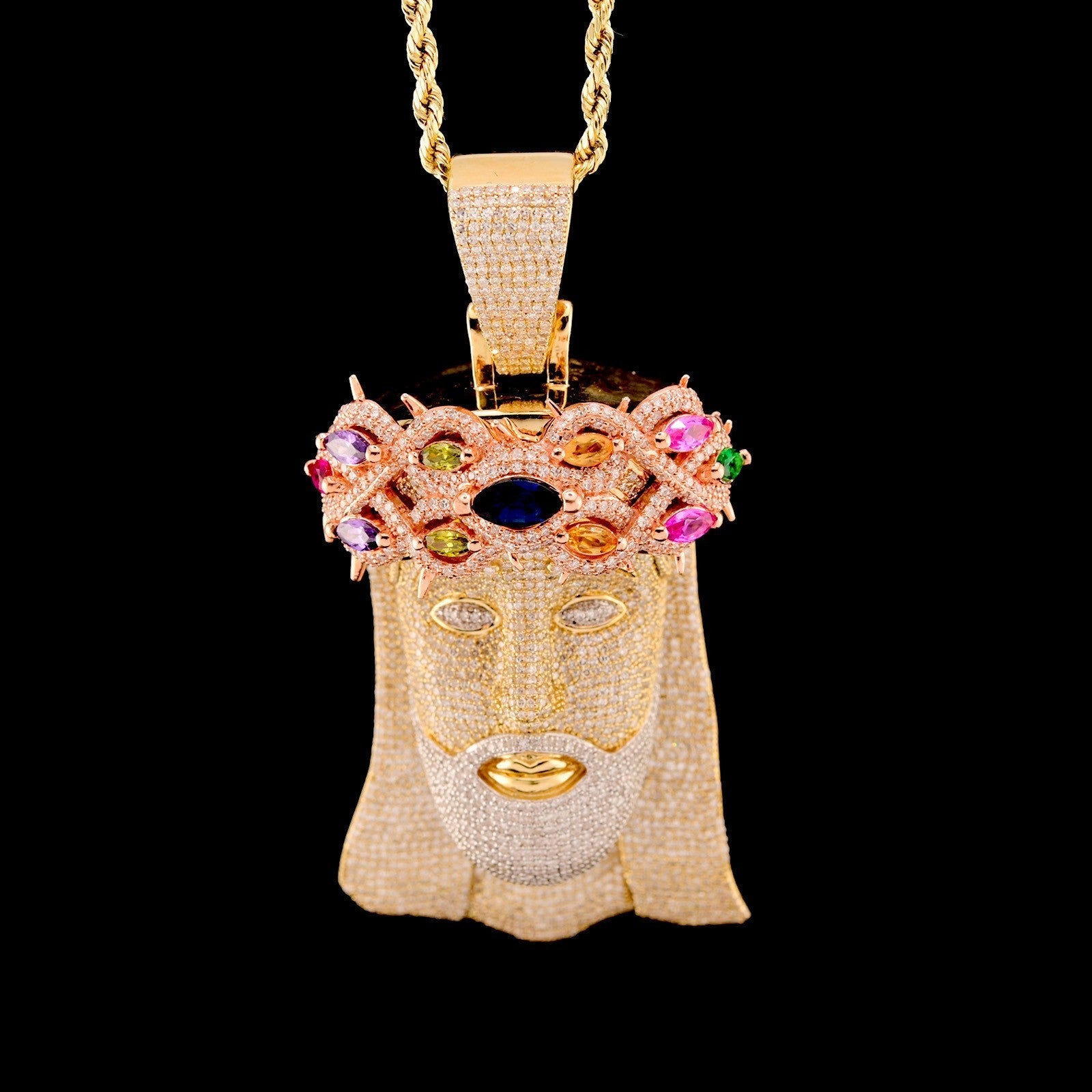 10k Yellow Gold 5.5CTW Pure Diamond Jesus Head w/ Gem Stones Pendant 33.4g Charm - Elite Jewelers - Charms & Pendants