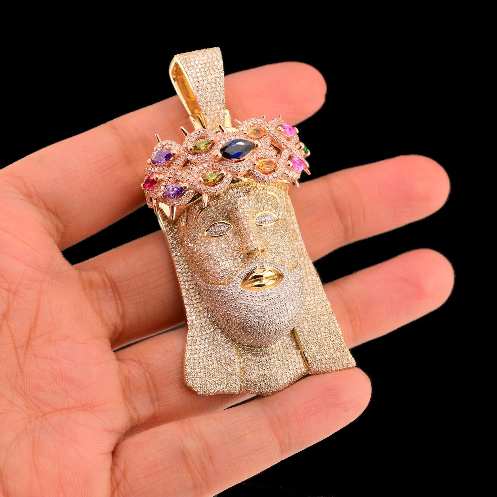10k Yellow Gold 5.5CTW Pure Diamond Jesus Head w/ Gem Stones Pendant 33.4g Charm - Elite Jewelers - Charms & Pendants