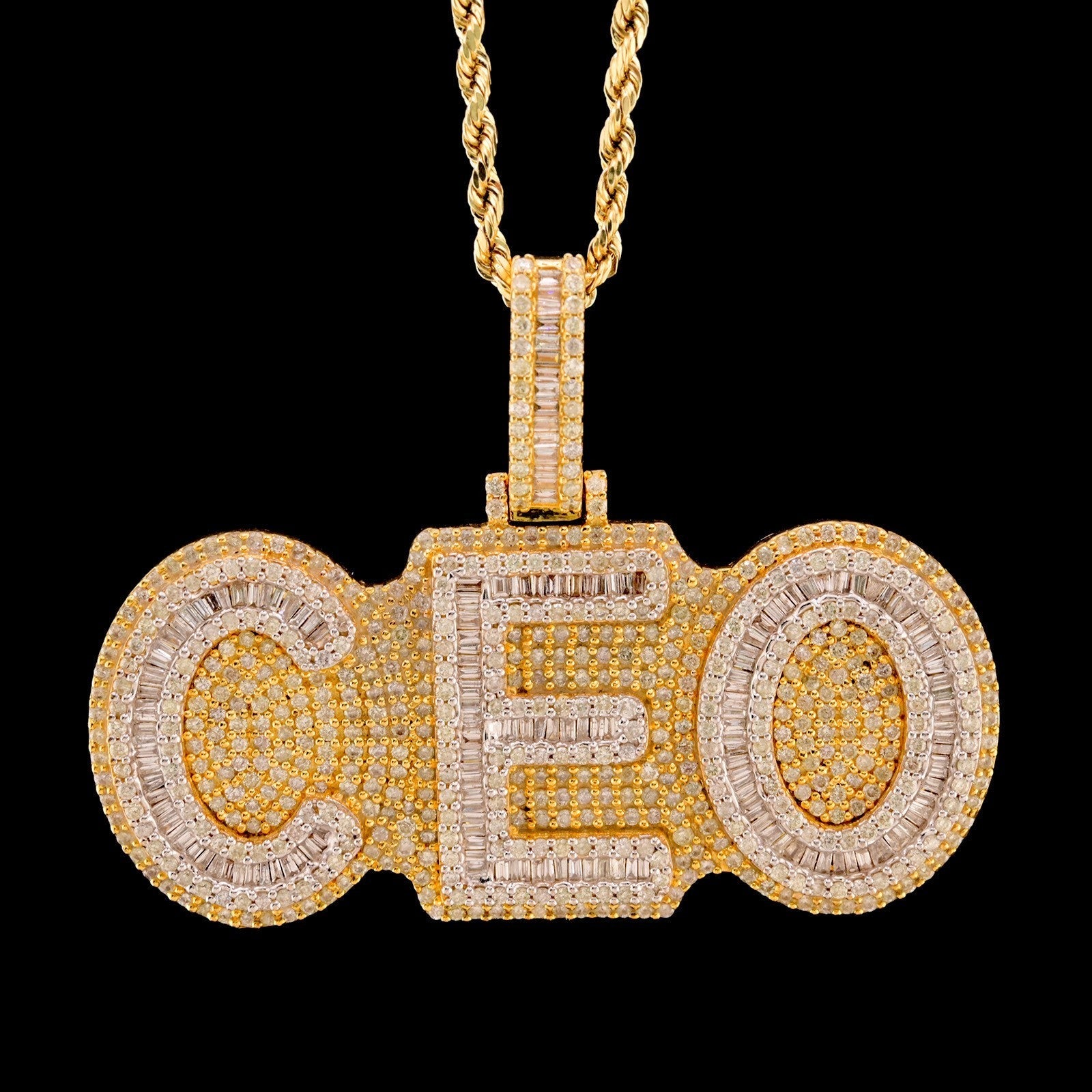 10k Yellow Gold 5CTW Natural Round/Baguette Diamond CEO Pendant 26.5g ICED Charm - Elite Jewelers - Charms & Pendants