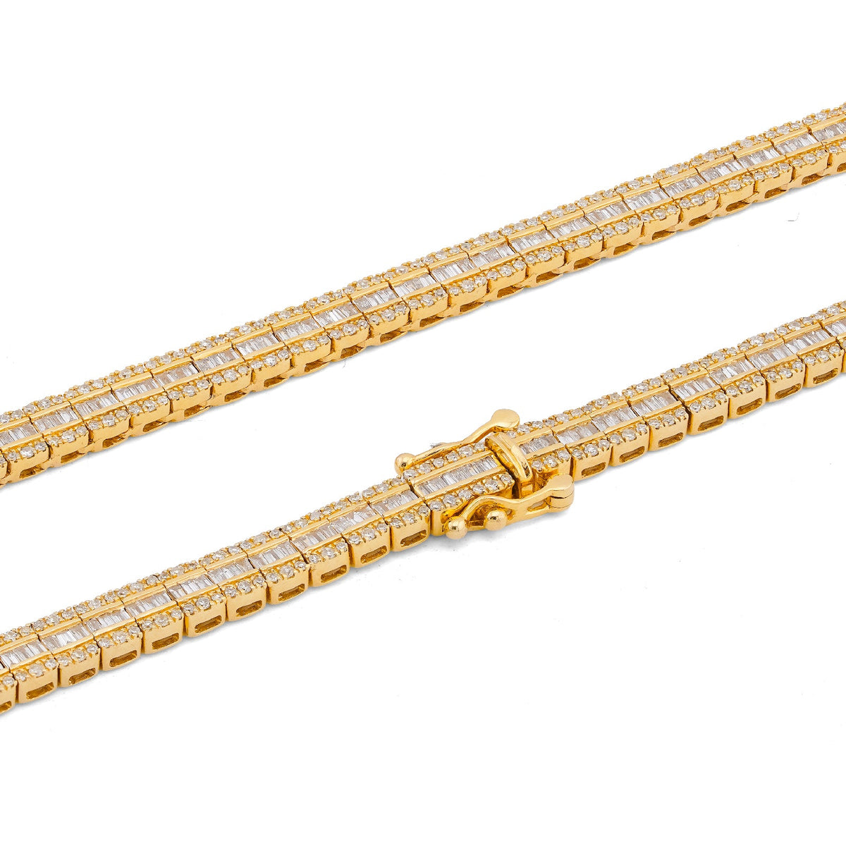 10K Yellow Gold 6.5CT Centre Row Baguette Natural Diamond 4MM Tennis Chain 22" Men Women Tennis Chain - Elite Jewelers-Necklaces