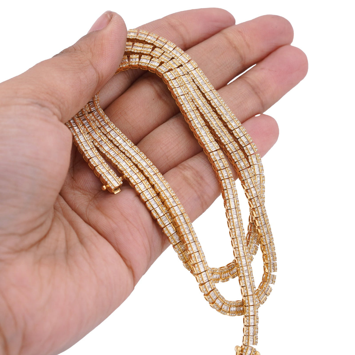 10K Yellow Gold 6.5CT Centre Row Baguette Natural Diamond 4MM Tennis Chain 22" Men Women Tennis Chain - Elite Jewelers-Necklaces