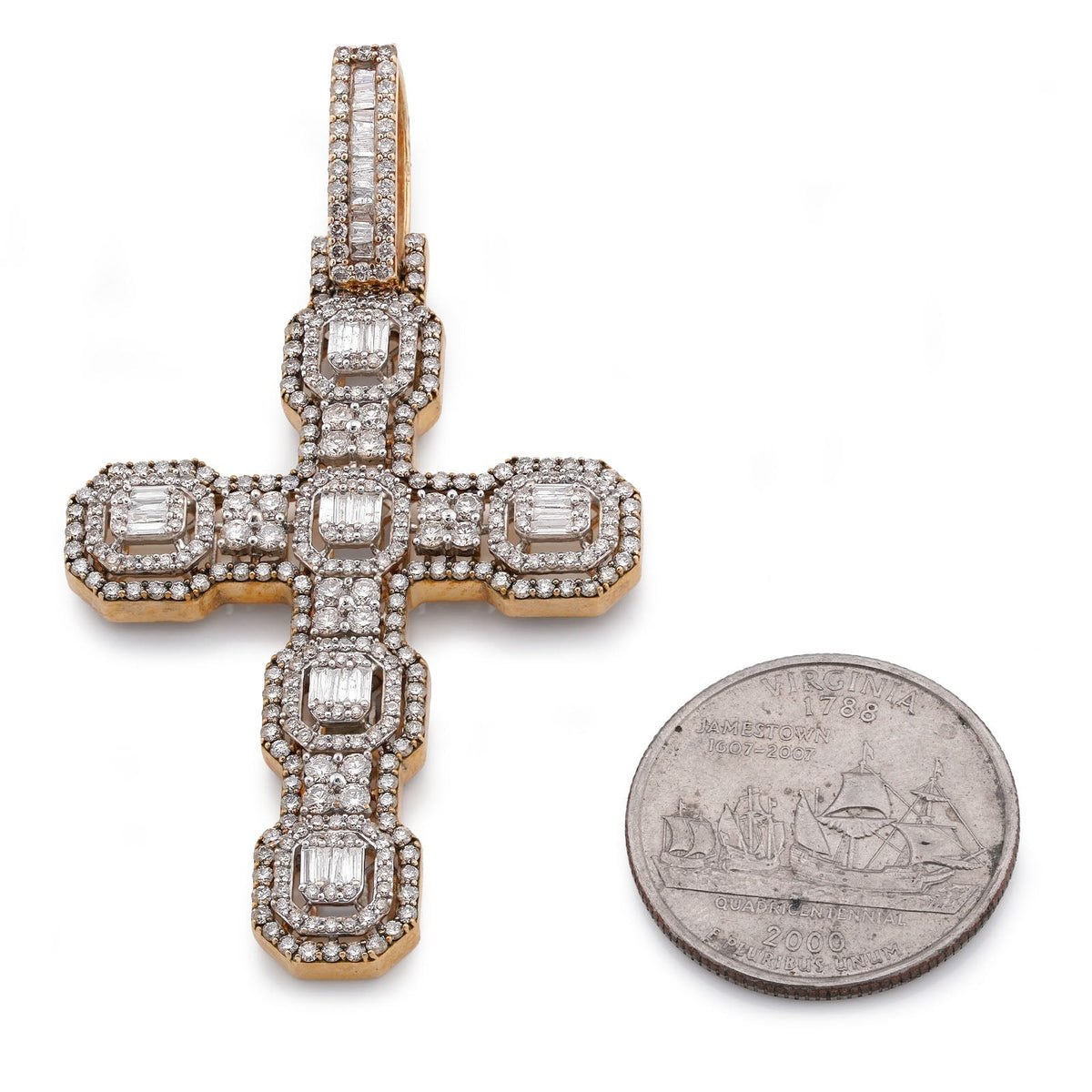 10K Yellow Gold 6.75CT Block Cross Pendant Round/Baguette Natural Diamond Charm - Elite Jewelers-Charms & Pendants