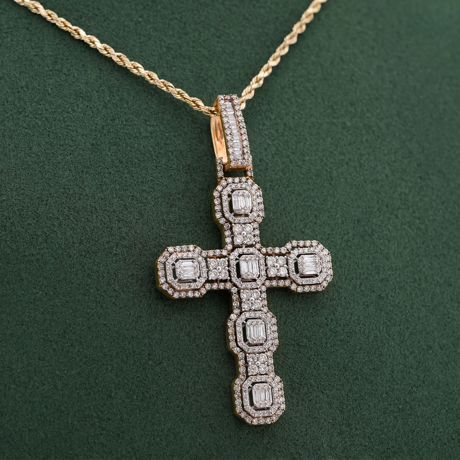 10K Yellow Gold 6.75CT Block Cross Pendant Round/Baguette Natural Diamond Charm - Elite Jewelers-Charms & Pendants