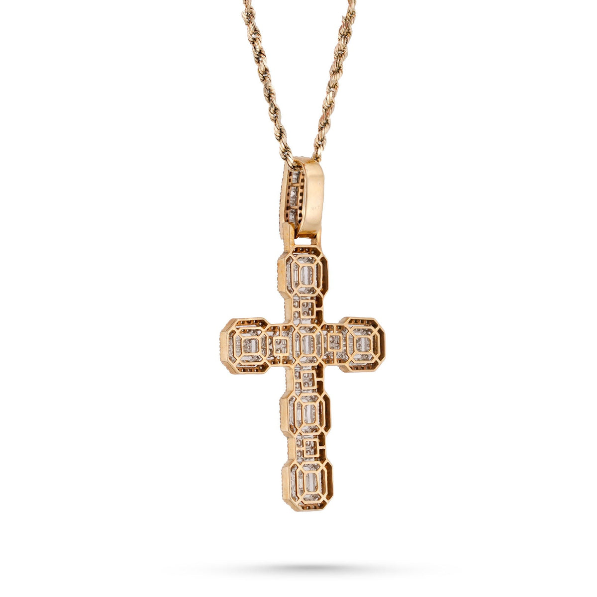 10K Yellow Gold 6.75CT Block Cross Pendant Round/Baguette Natural Diamond Charm - Elite Jewelers-Charms & Pendants