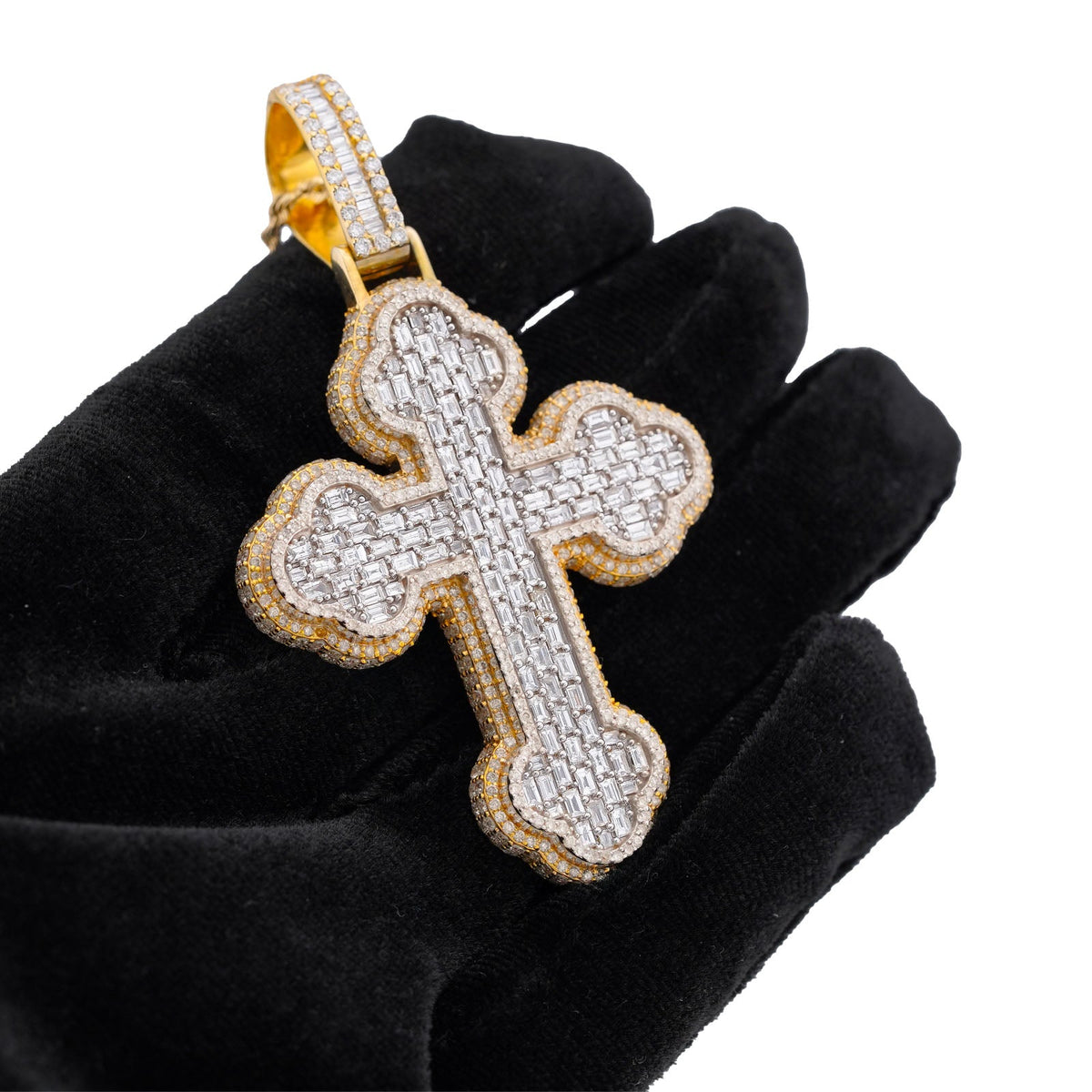 10K Yellow Gold 8.95CT Emerald Natural Diamond Budded Cross Pendant Men Charm - Elite Jewelers-Charms & Pendants