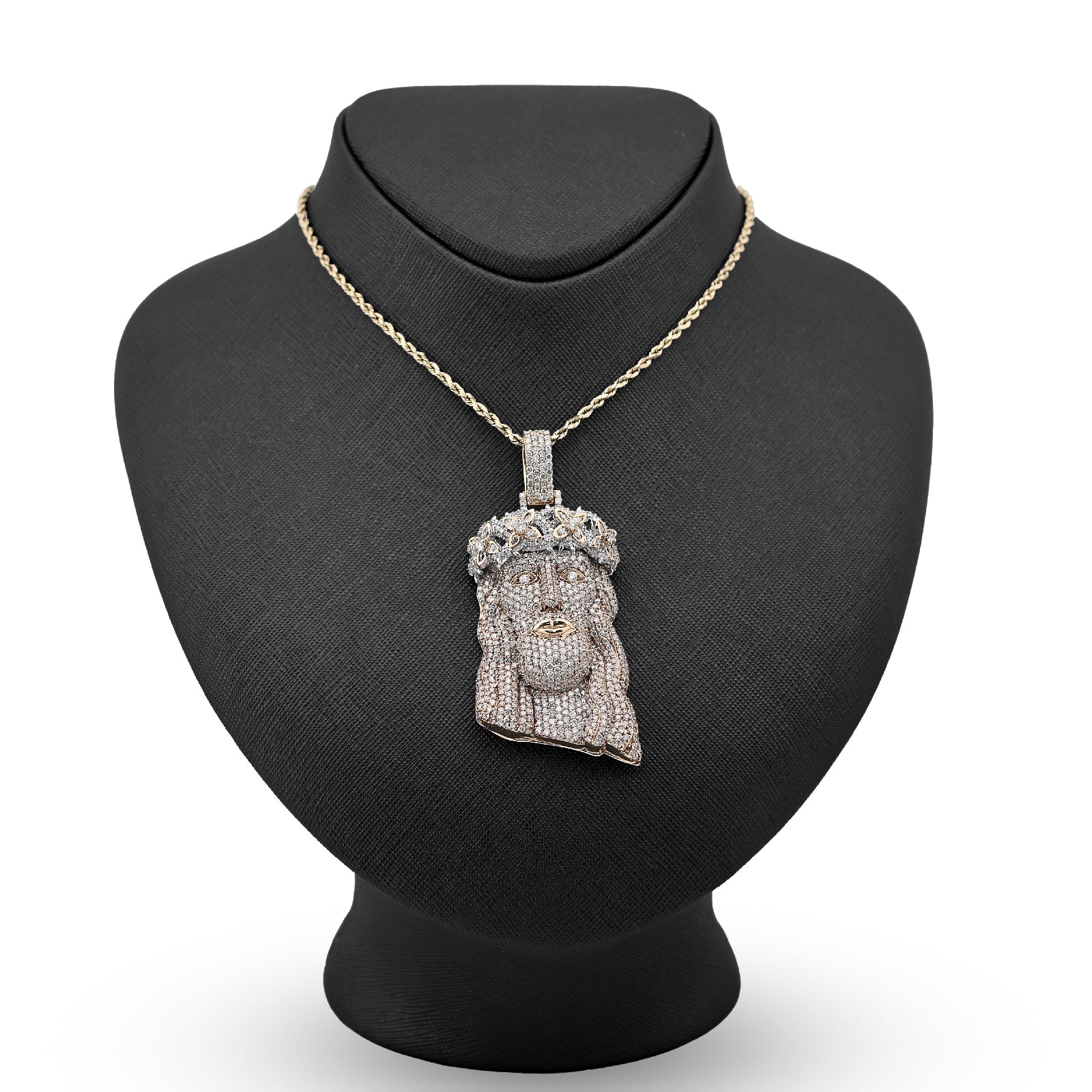10K Yellow Gold 9.75CT Round Natural Diamond Crowned Jesus Head Religious Charm Men Pendant 2.85" - Elite Jewelers - Charms & Pendants