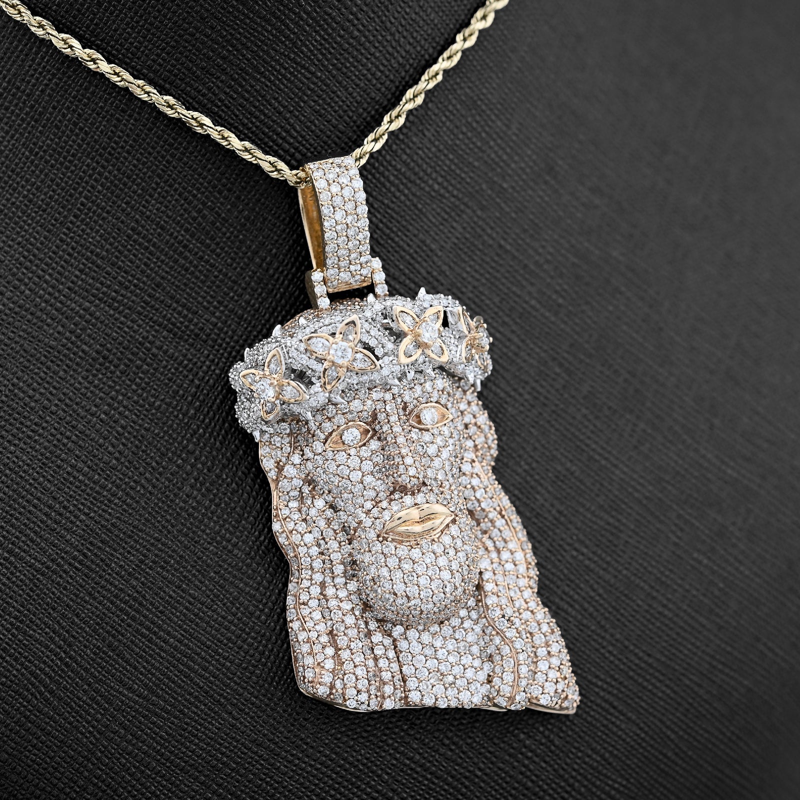 10K Yellow Gold 9.75CT Round Natural Diamond Crowned Jesus Head Religious Charm Men Pendant 2.85" - Elite Jewelers - Charms & Pendants