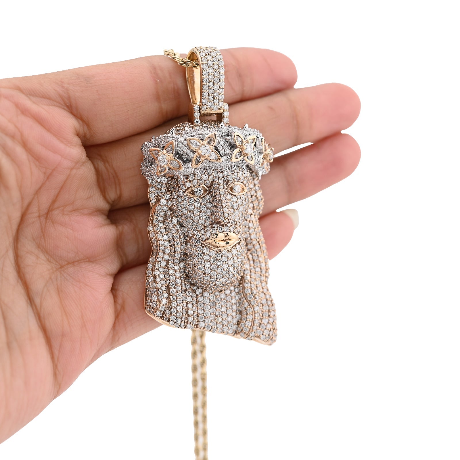 10K Yellow Gold 9.75CT Round Natural Diamond Crowned Jesus Head Religious Charm Men Pendant 2.85" - Elite Jewelers - Charms & Pendants