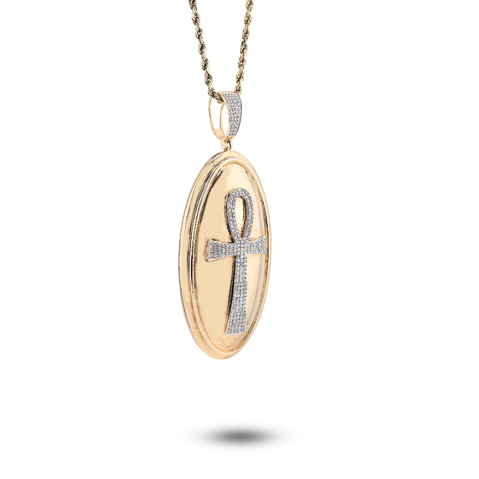10K Yellow Gold Ankh Cross Oval Shape Rligious Pendant 0.65CT Natural Diamond Charm - Elite Jewelers - Charms & Pendants
