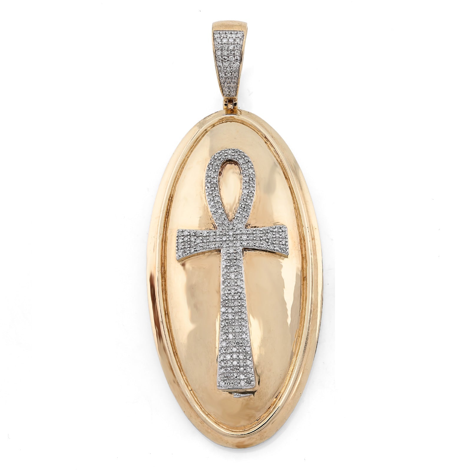 10K Yellow Gold Ankh Cross Oval Shape Rligious Pendant 0.65CT Natural Diamond Charm - Elite Jewelers - Charms & Pendants