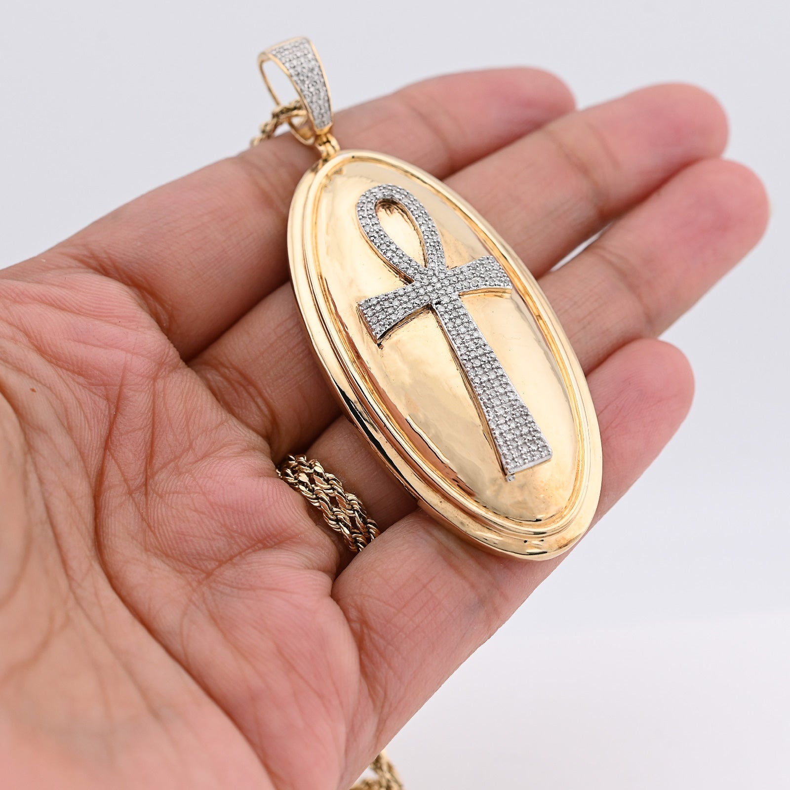 10K Yellow Gold Ankh Cross Oval Shape Rligious Pendant 0.65CT Natural Diamond Charm - Elite Jewelers - Charms & Pendants