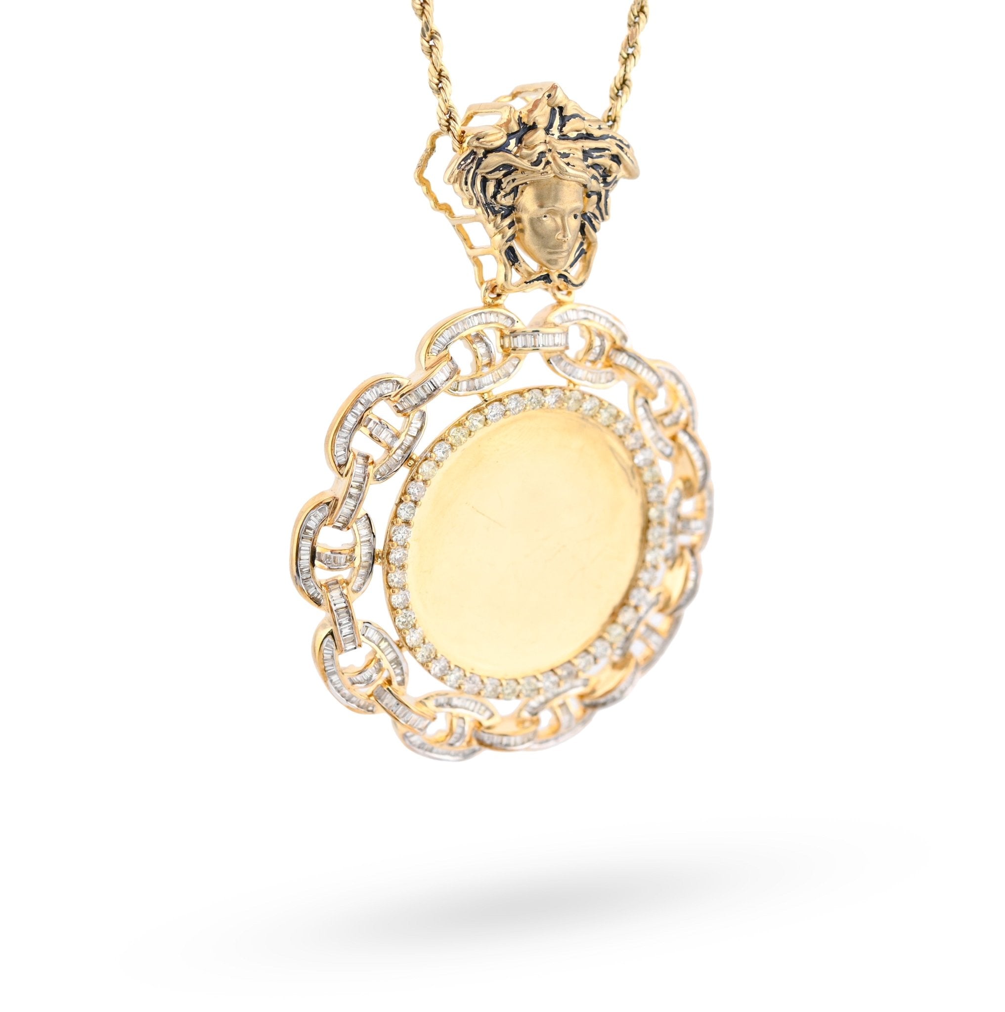 10K Yellow Gold Baguette Cuban Link Medusa 4.18CT Natural Diamond Memory Picture Pendant Men Women Charm - Elite Jewelers - Charms & Pendants